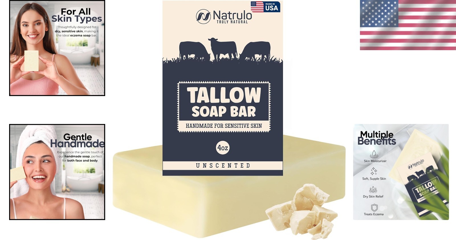 Handcrafted Unscented Beef Tallow Soap – Moisturizing 4oz Bar for Kids & Adults