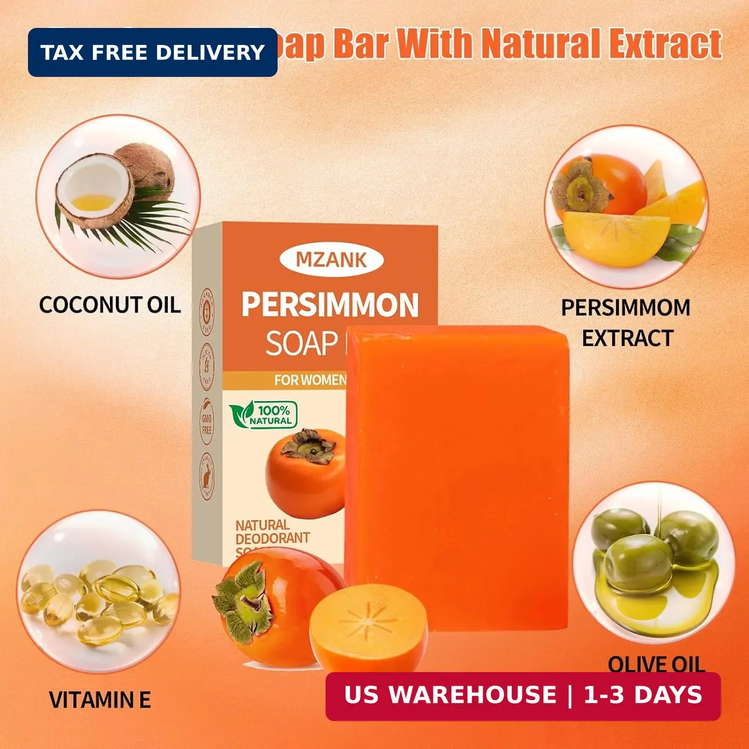 3 PACK Persimmon Soap Bar for Old People Smell,Natural Deodorant Body Face Bar S