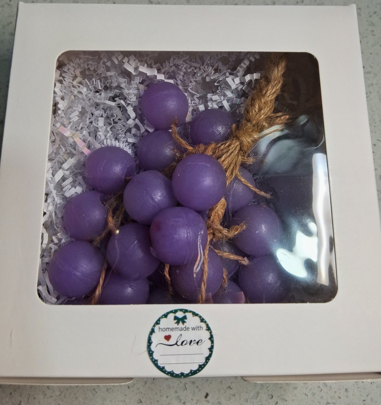 Handcrafted crystal glycerin soaps shaped like grape clusters