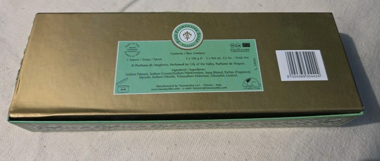 New 3 Lily Of Valley Florentine 100g Soaps Made in Italy In Box 3.5 Oz