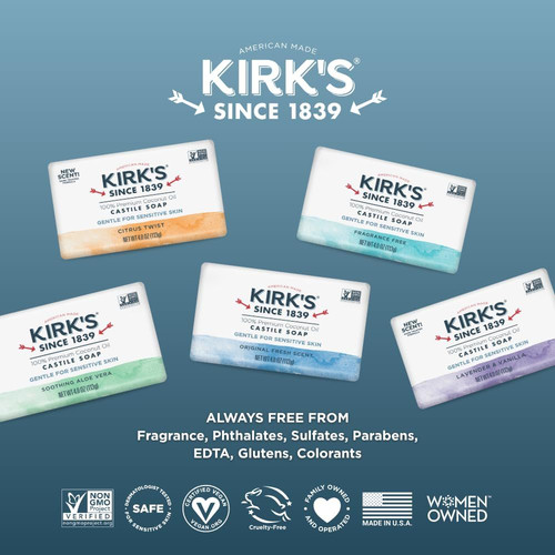 Kirk’s Castile Bar Soap for Men, Women & Children – Made 4 Ounce (Pack of 6)