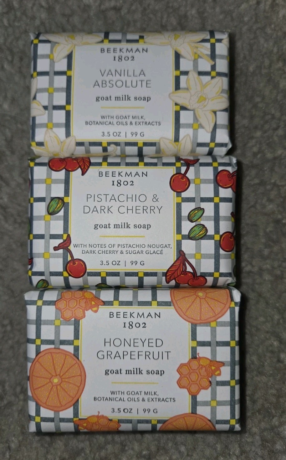 Beekman 1802 Goat Milk Soap Bars 3 Pack Vanilla, Honeyed Grapefruit Pist/cherry