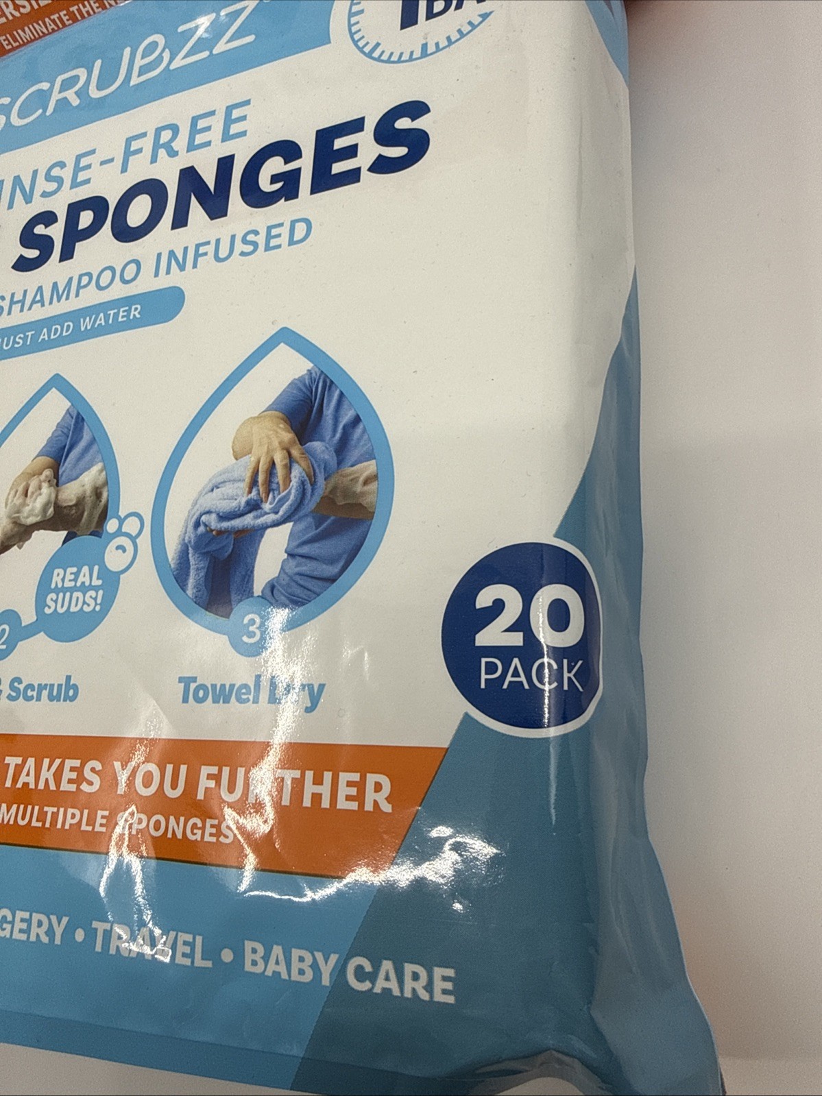 Scrubzz Disposable Rinse Free Bath Sponges Sensitive Skin Soap and Shampoo 20 PK