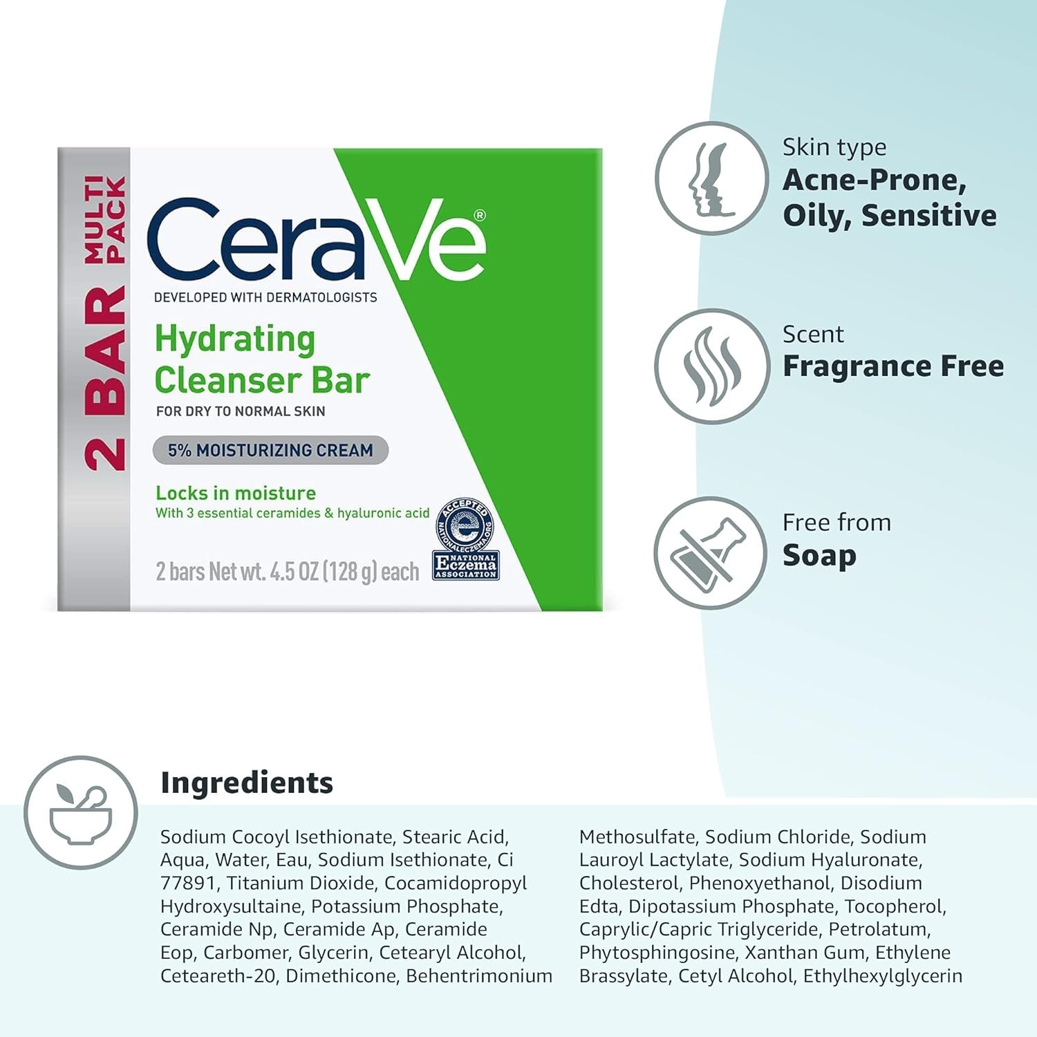 CeraVe Hydrating Cleanser Bar | Soap-Free Body and Facial Cleanser with 5%