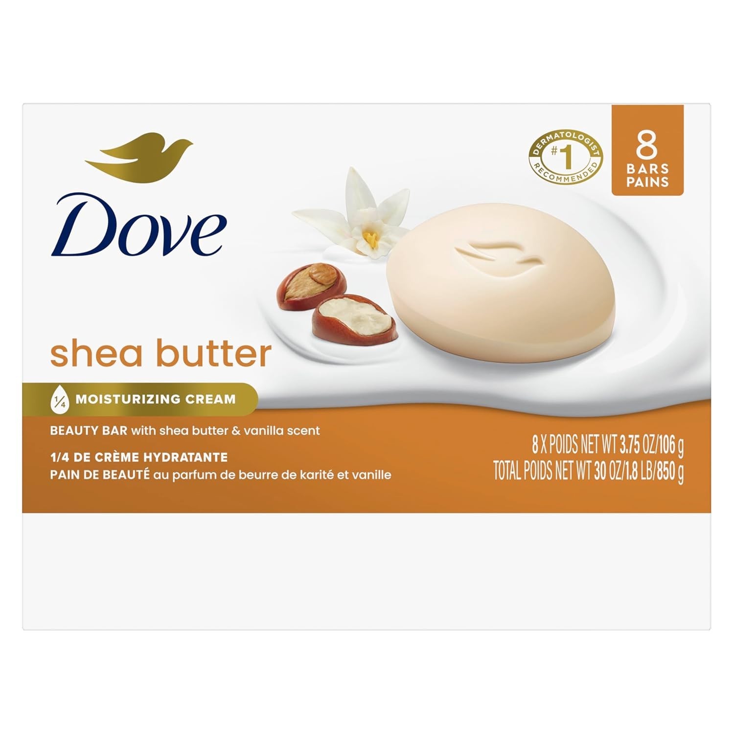 Dove Beauty Bar Soap Shea Butter, 8 Bars for Nourished, Radiant Skin, Enriches S
