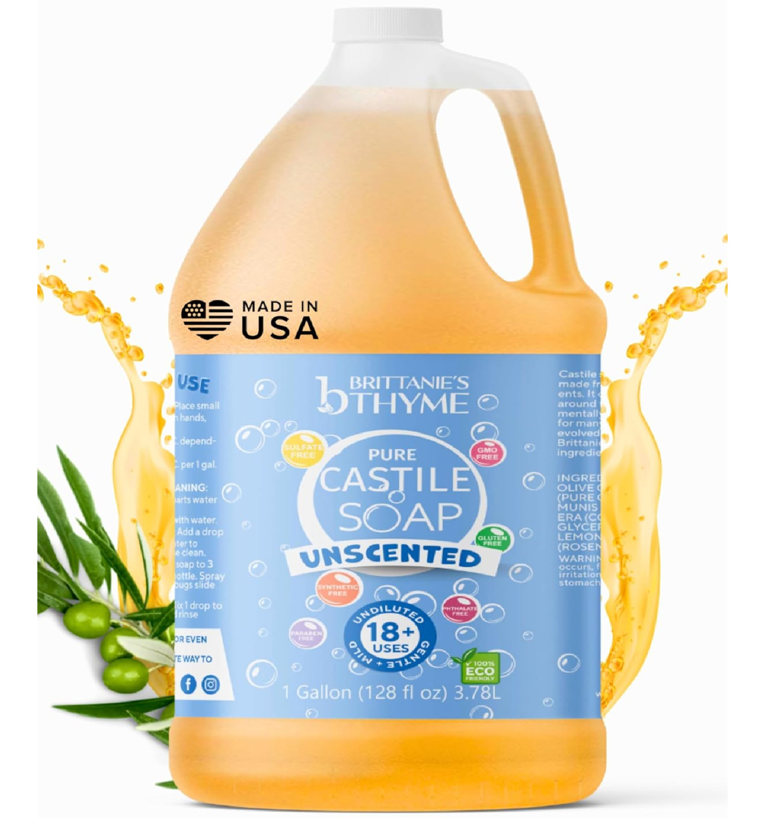 Brittanie’s Pure Organic Castile Liquid Olive Oil Soap Refill, 1 Gallon Unscente