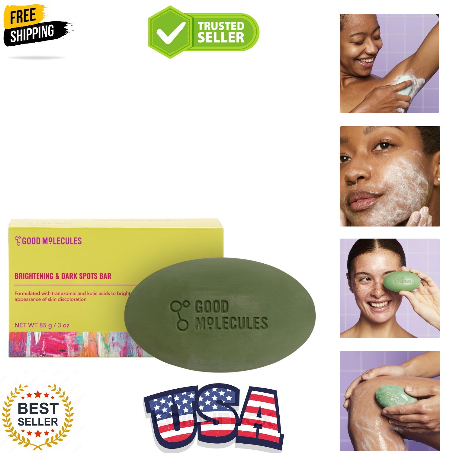 Good Molecules Brightening & Dark Spots Bar – Soap Free Face and Body Bar –