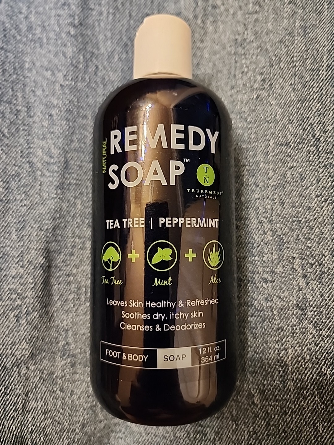 NATURAL REMEDY SOAP foot and body soap, tea tree & peppermint, NEW 12oz bottle