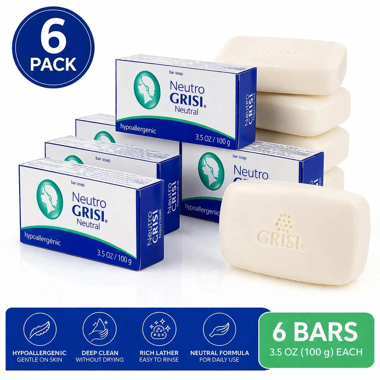 Neutro Grisi Neutral Soap, Hypoallergenic – 3.5oz – PACK OF 6 Units