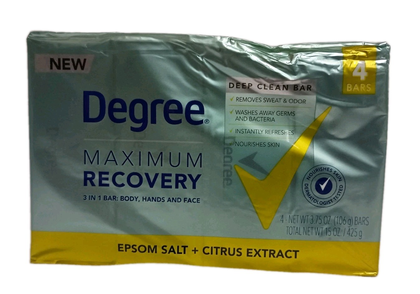 4 Bars Degree Maximum Recovery Epsom Salt + Citrus Extract Soap 3.75 Oz. Damaged