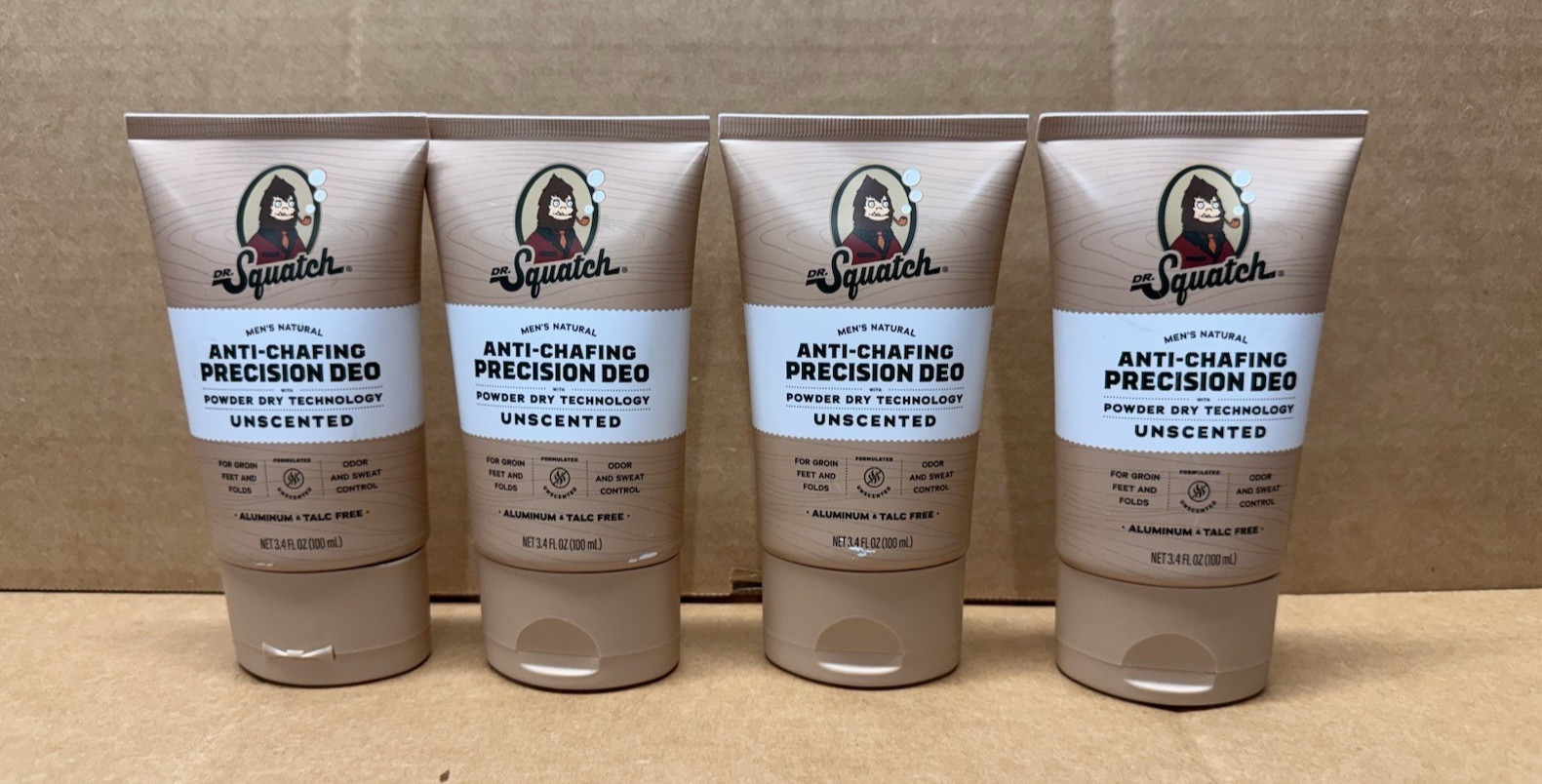 4 Pack: Dr. Squatch Men’s Natural Anti-Chafing Precision Deo 3.4 oz Unscented