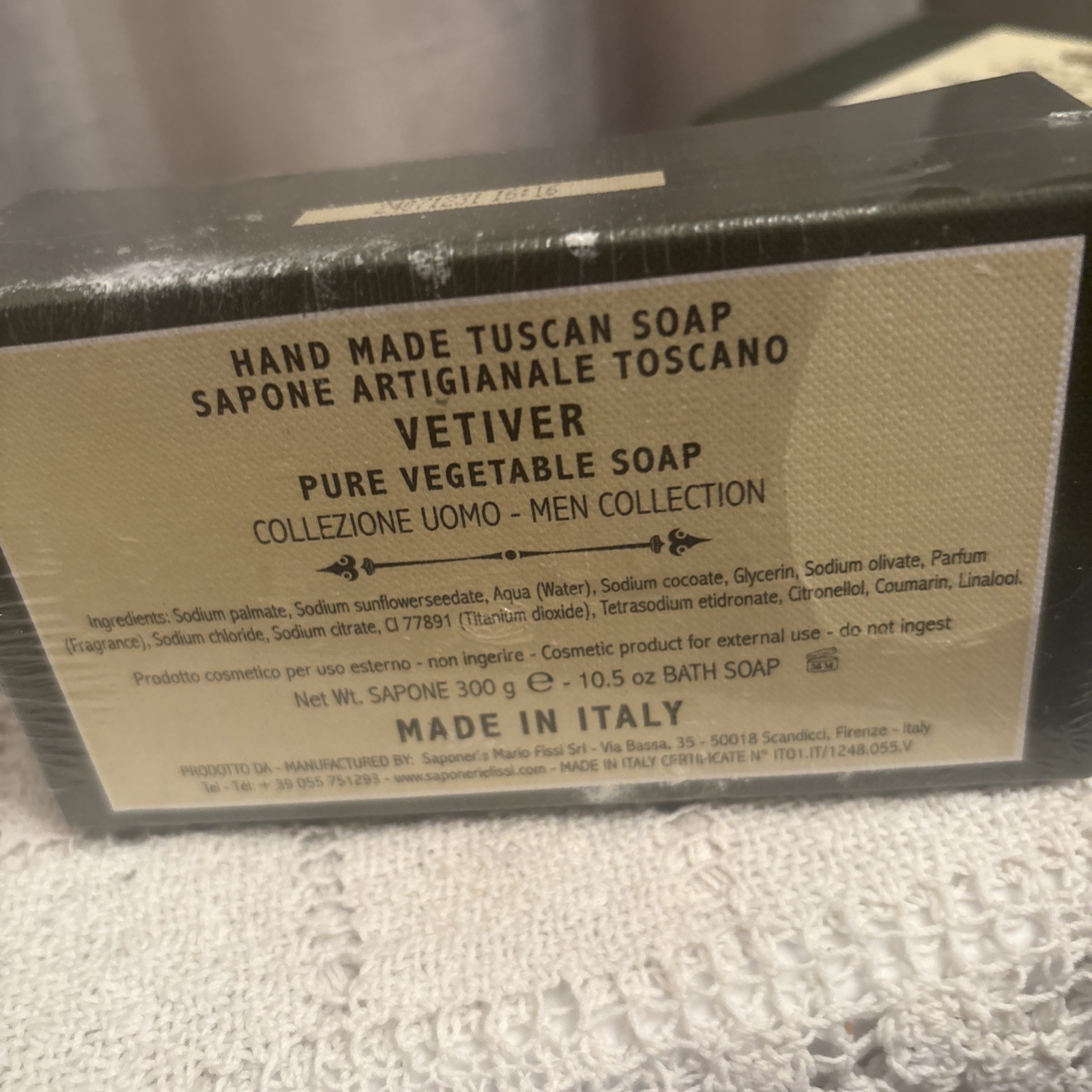 NEW In BOX Vetiver Pure Vegetable Soap MEN Italian Sapone 10.5 Oz Bar Tuscany