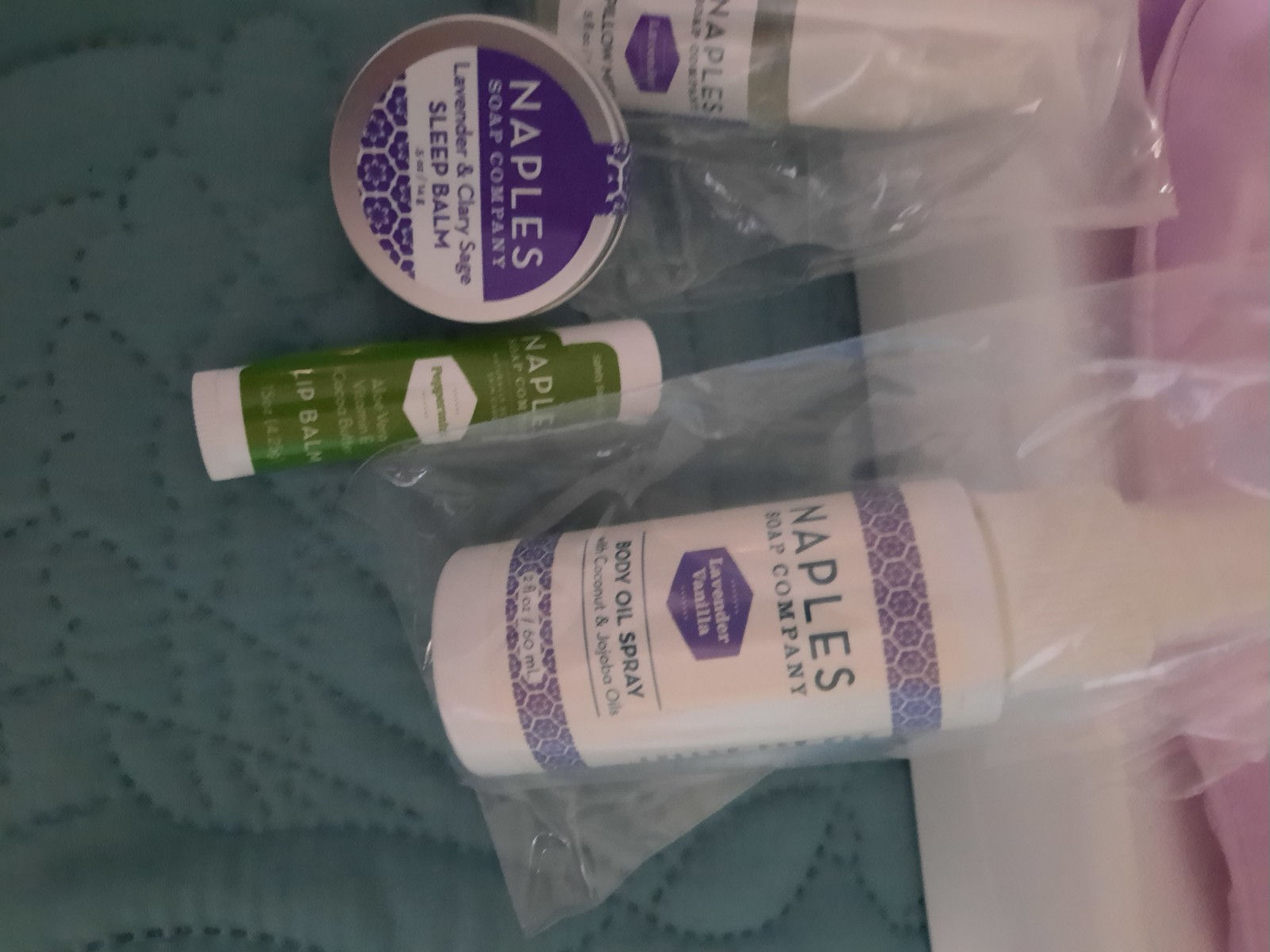 Naples Soap Company Travel Luxuries Set 6pc + Bag Body Oil Shower Spray Eye Mask