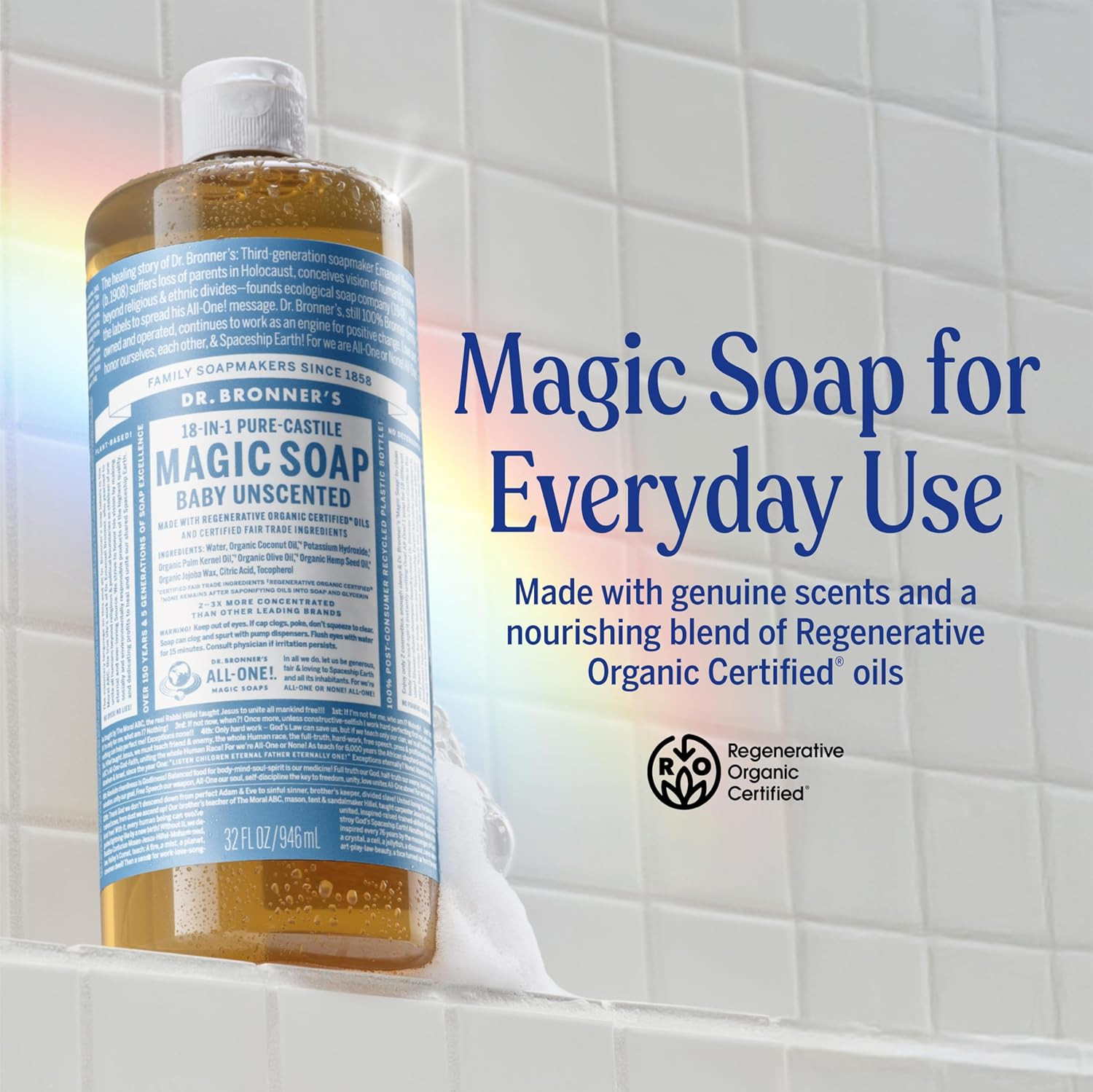 Pure-Castile Magic Soap Liquid (Baby Unscented, 32 Ounce) – Made with Regenerati