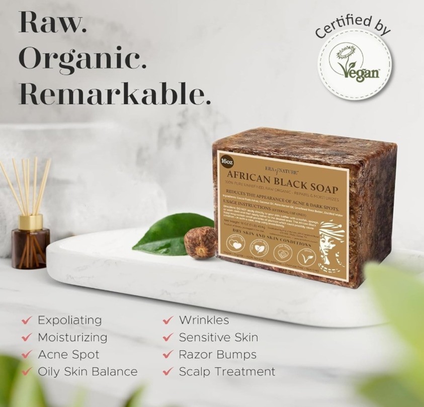 Raw Organic African Black Soap 8oz Bar Pure Natural Ghana for Dry Skin Acne Care