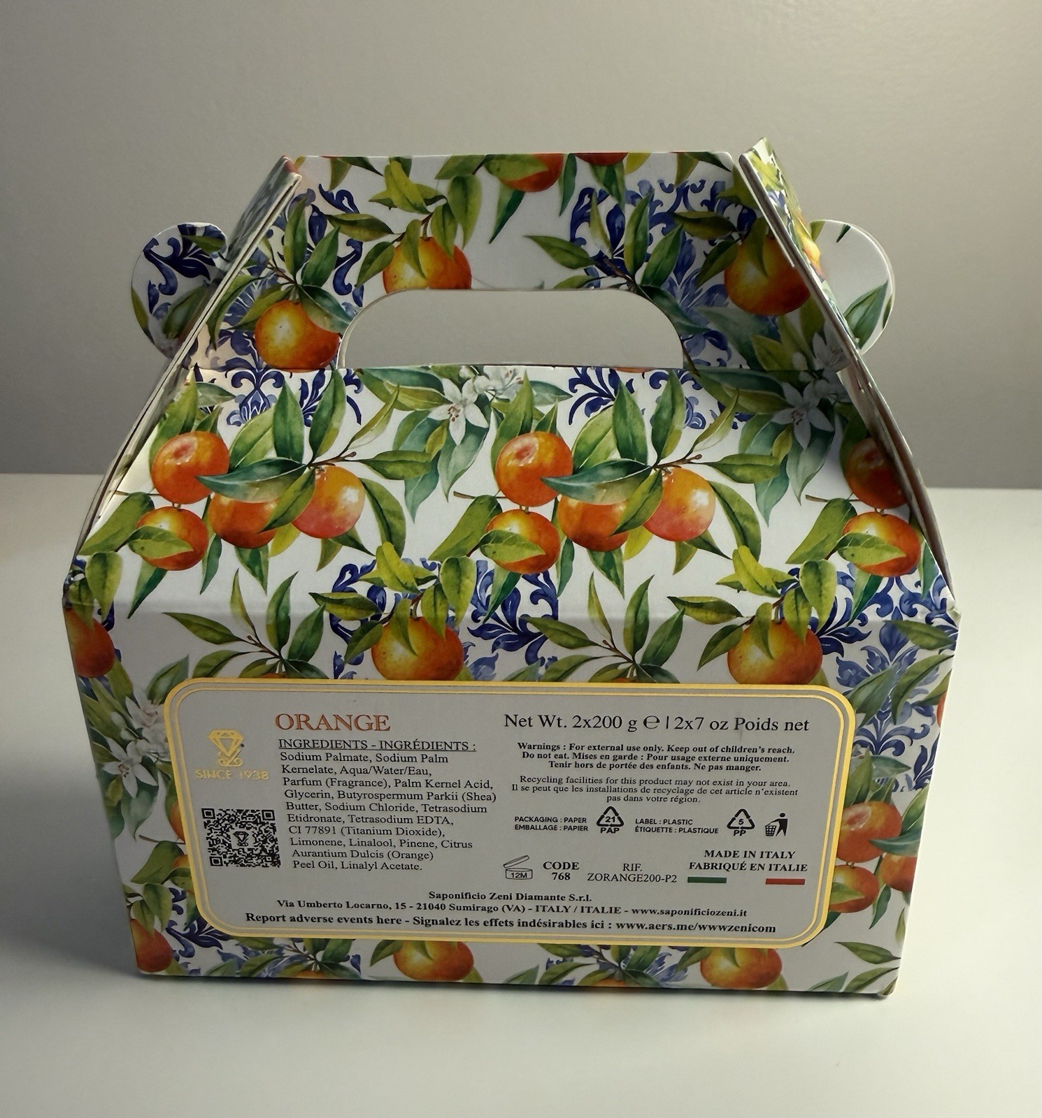 Saponificio Zeni Diamante Orange Triple-Milled Soap 2 x 200g Made in Italy