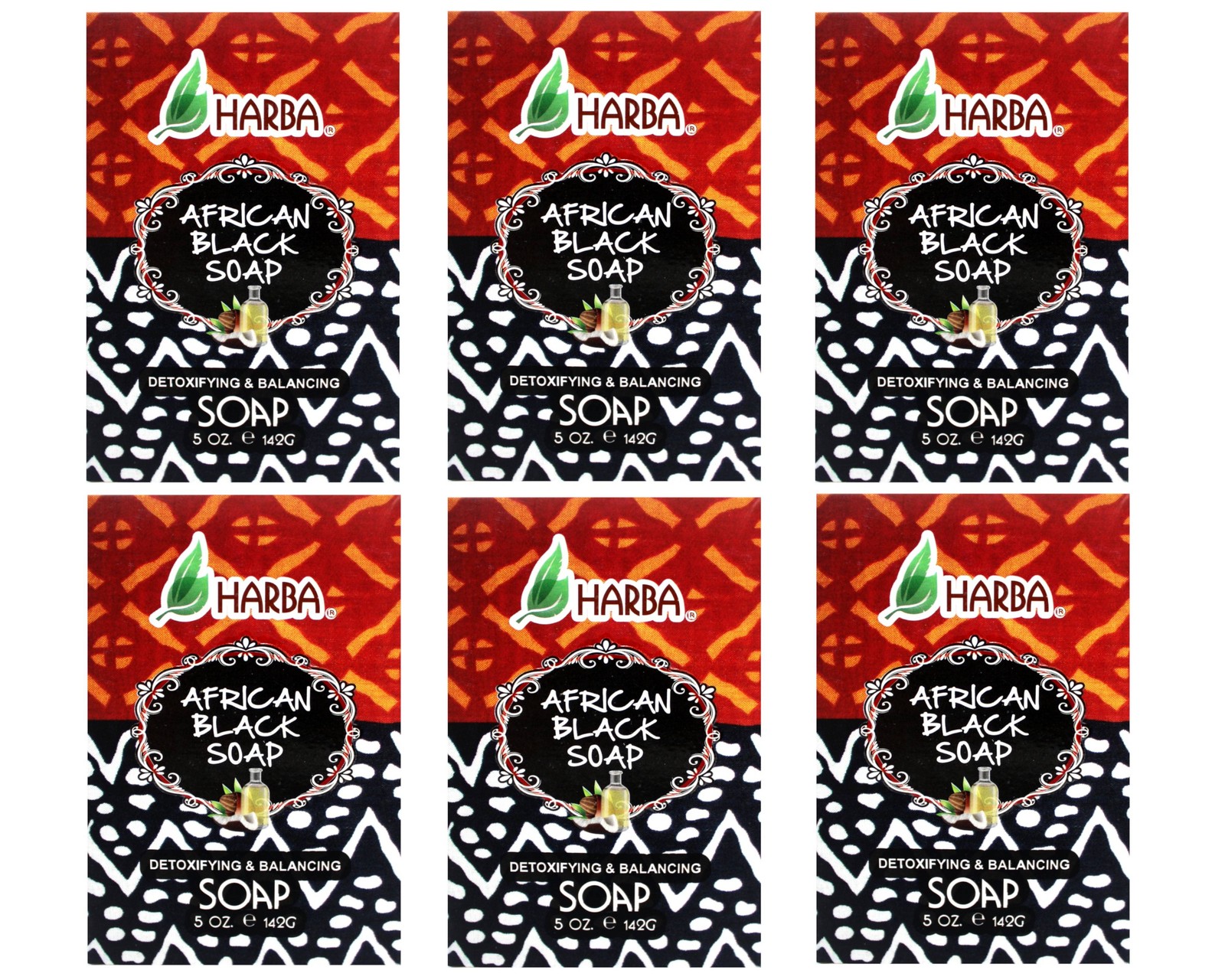 Harba Bath Soap African Black, Detoxifying & Balancing, 5 OZ (142g) – 6 Pack