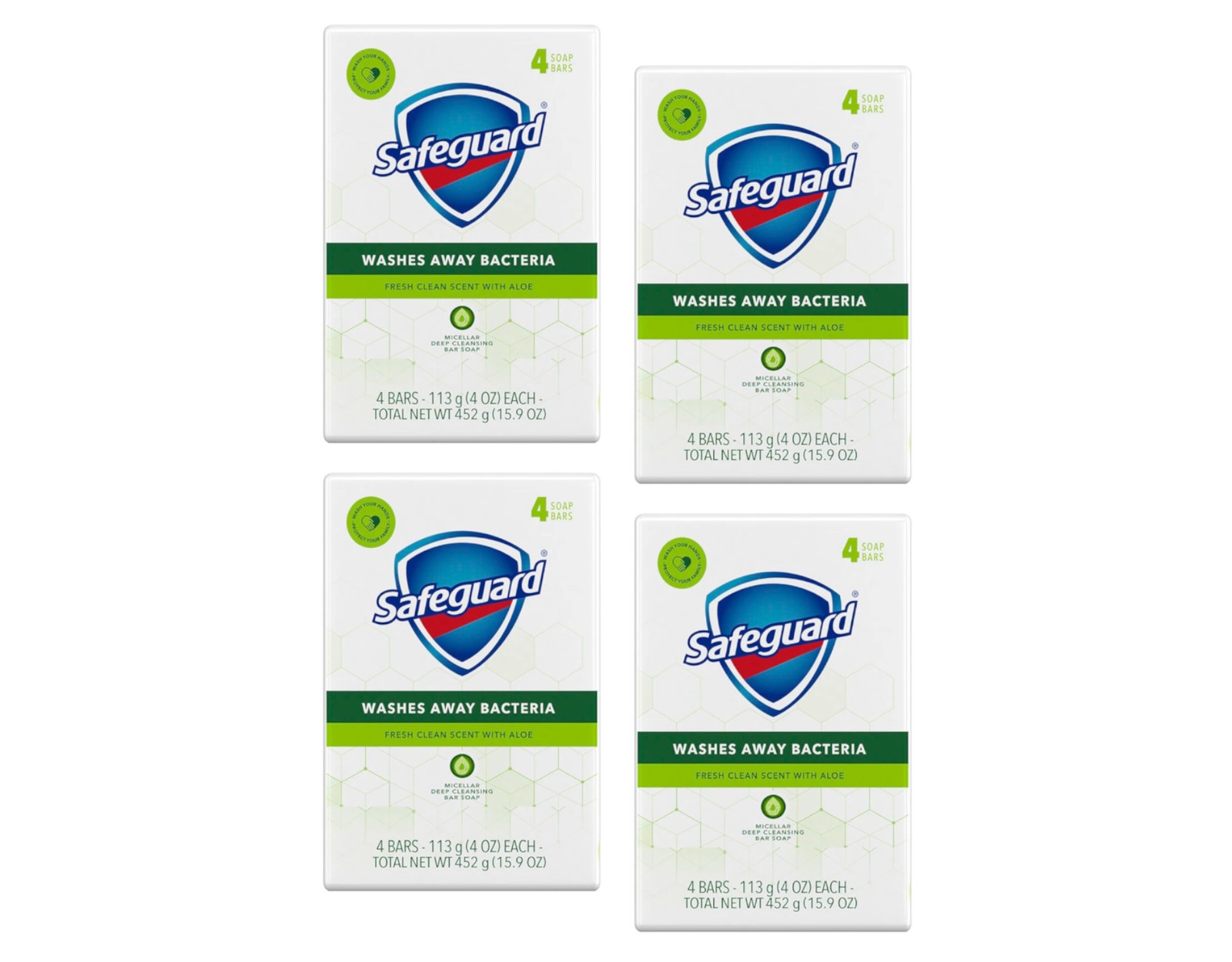 Safeguard Aloe Vera Antibacterial Deodorant Bar Soap 4Oz. 4 Count – Pack of 4