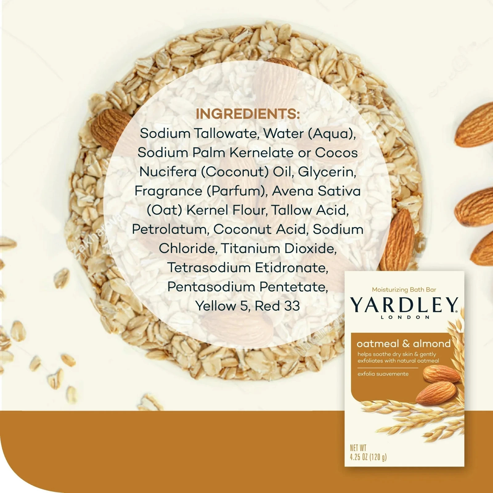 Yardley Oatmeal & Almond Bath Bar Soap 4.25 oz, 12 Pack, Moisturizing Bar Soap