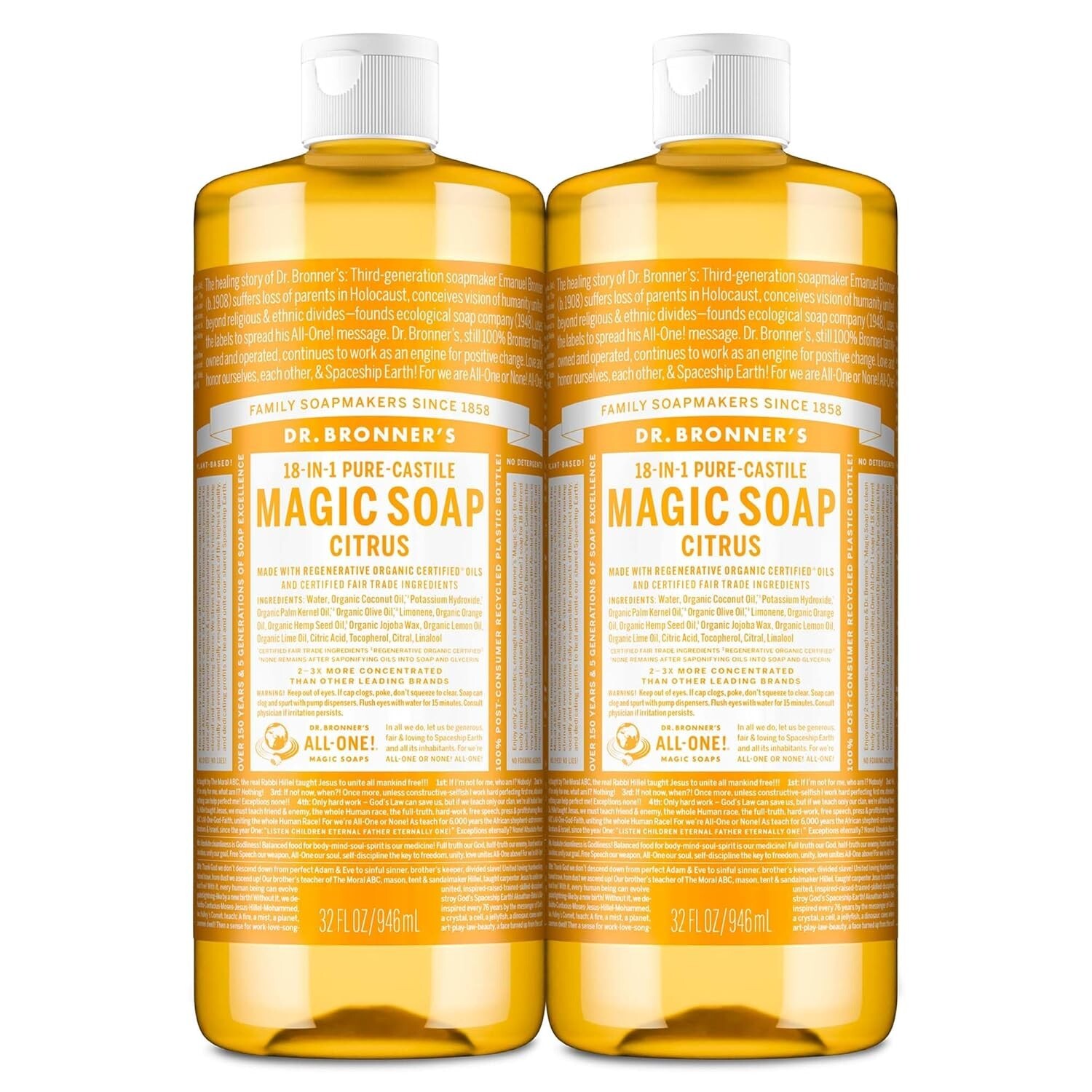 Magic Soap Pure-Castile Liquid Soap Citrus Set – 32oz 2-Pack, 18-in-1 Uses