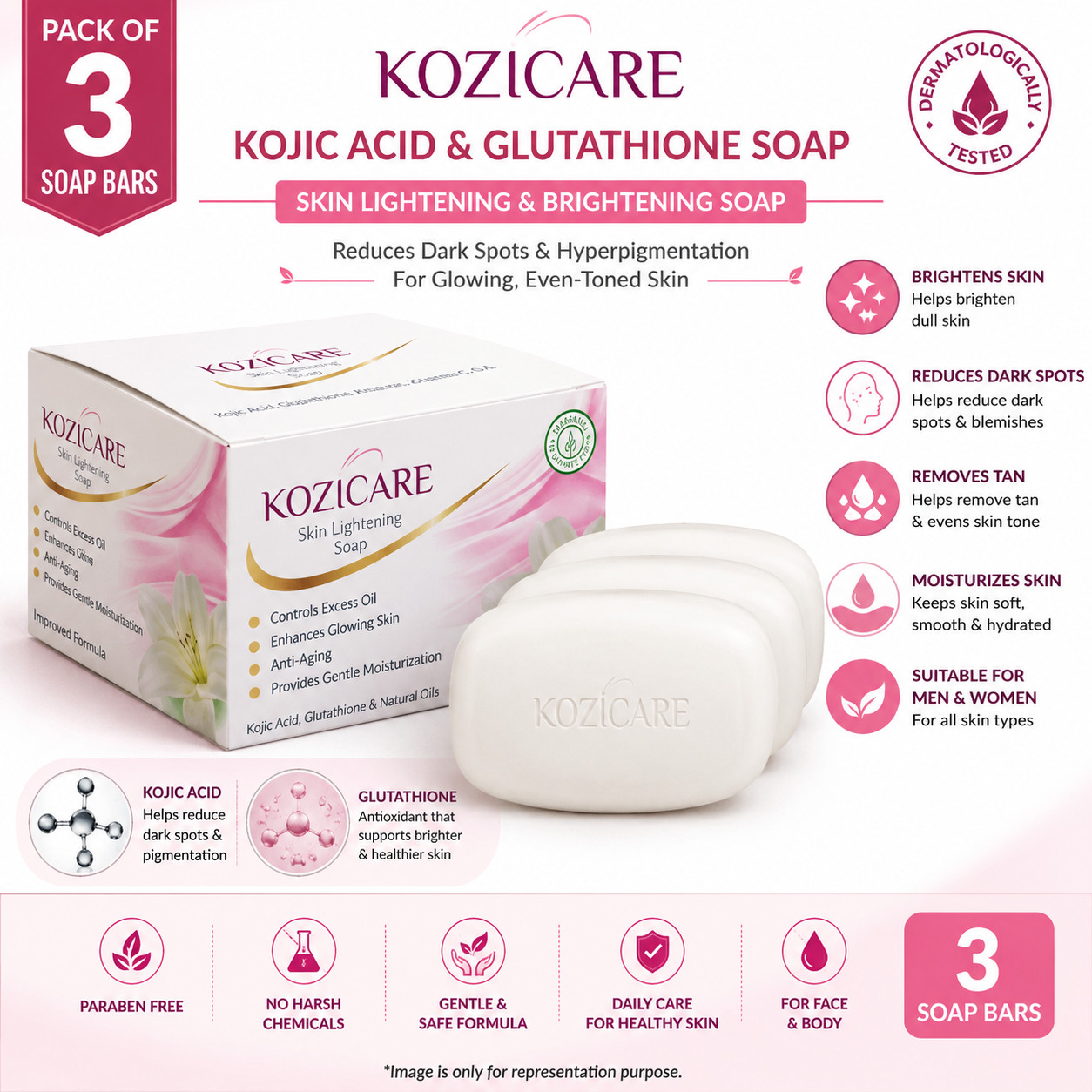 Kozicare Kojic Acid Glutathione Soap Pack 3 Tan Removal Glow Skin Bath Bars FS
