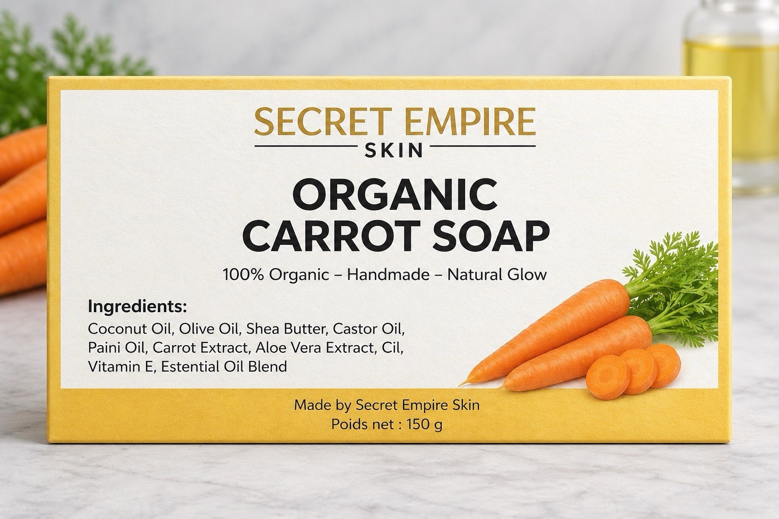 Secret Empire Skin Organic Handmade Carrot Soap Coconut Olive Shea 150g 3Bar