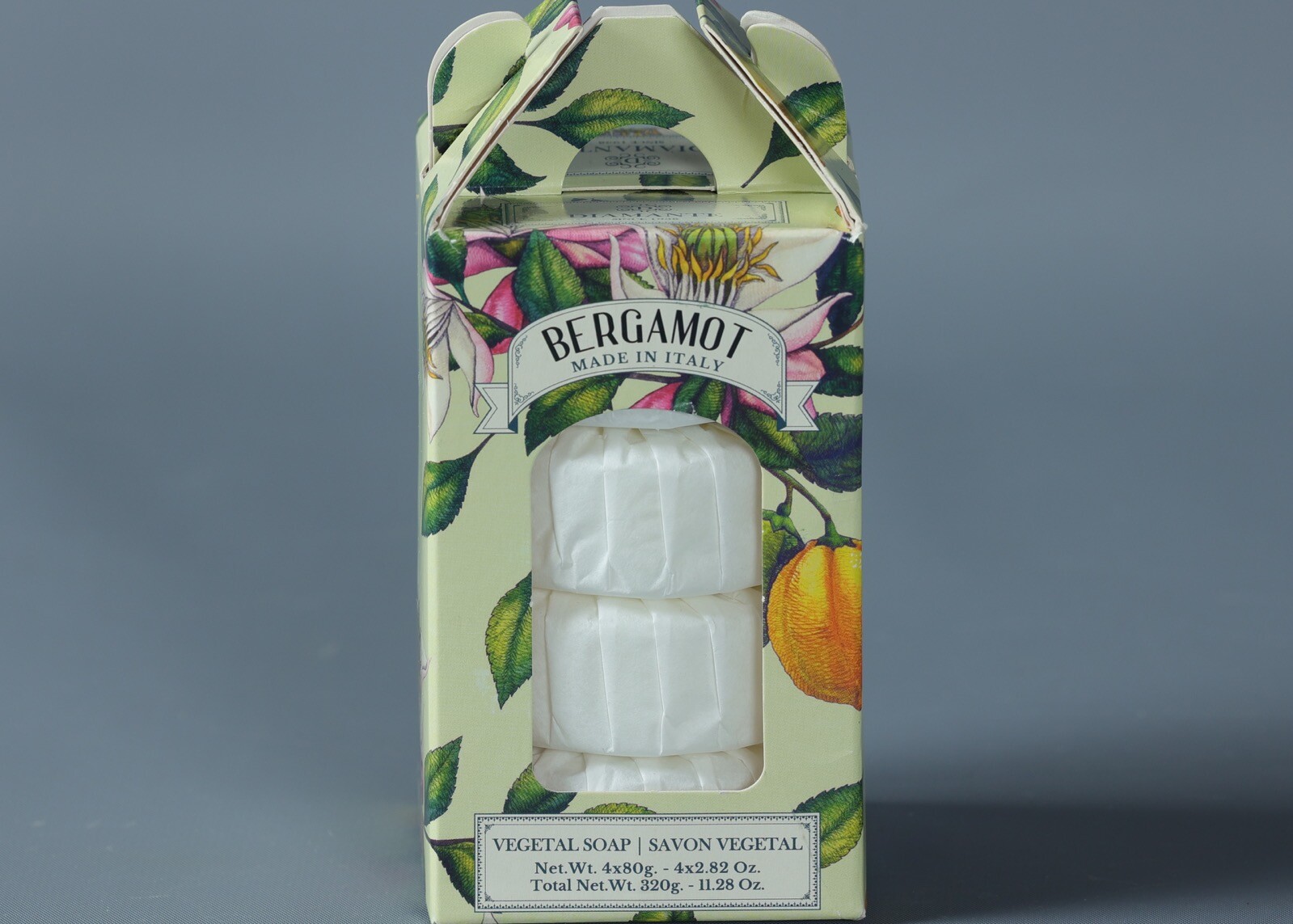 DIAMANTE BERGAMOT Vegat. Based Round Individually Wrapped Soaps 4×2.8 oz. Italy