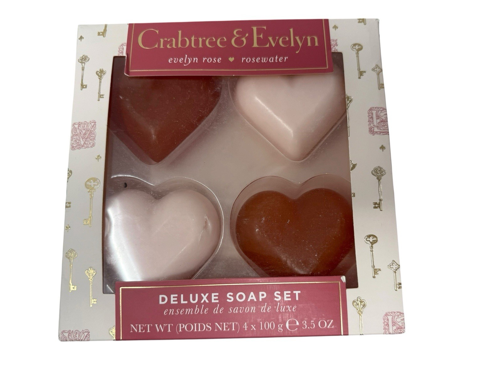 Crabtree & Evelyn Rose Rosewater Heart Shaped Deluxe Soap Set 4 Pink Red Bars