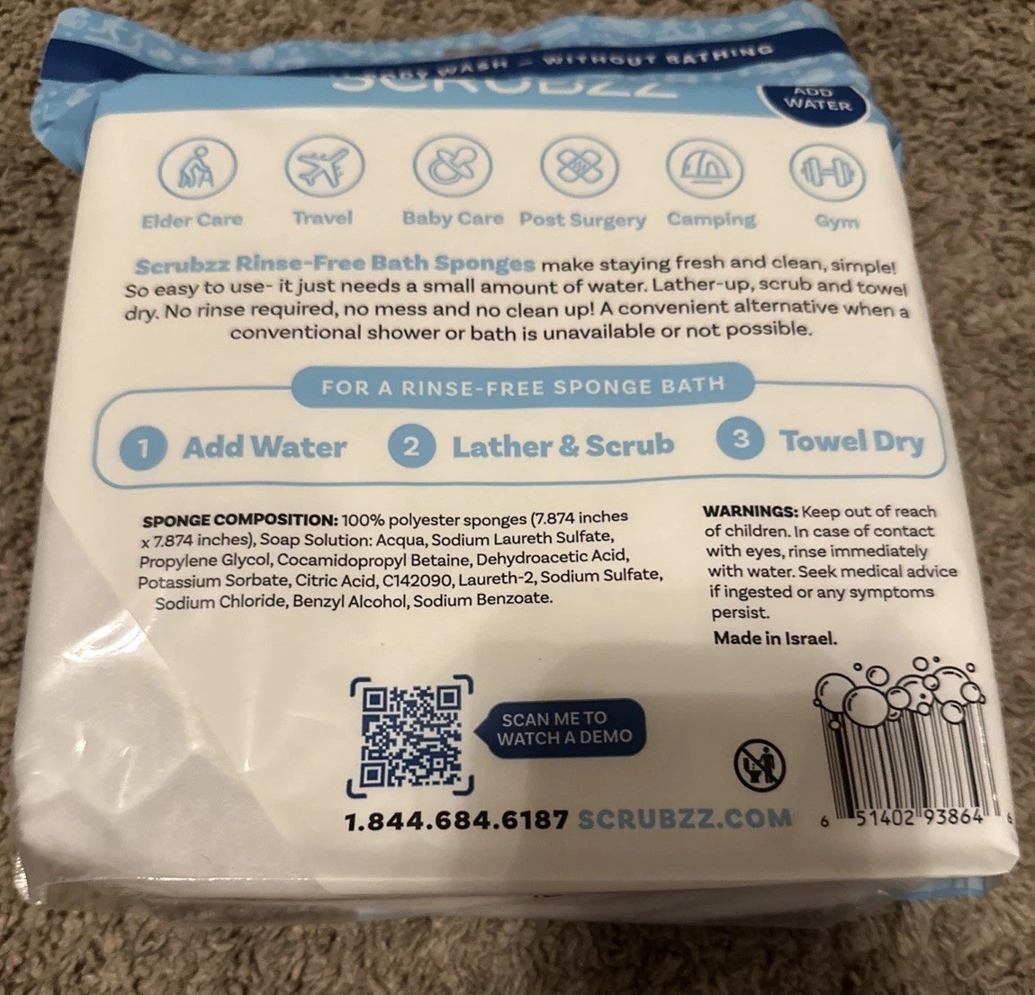 2 Packs -25 Ct Scrubzz Rinse Free Bath Sponges Soap & Shampoo Infused Single Use