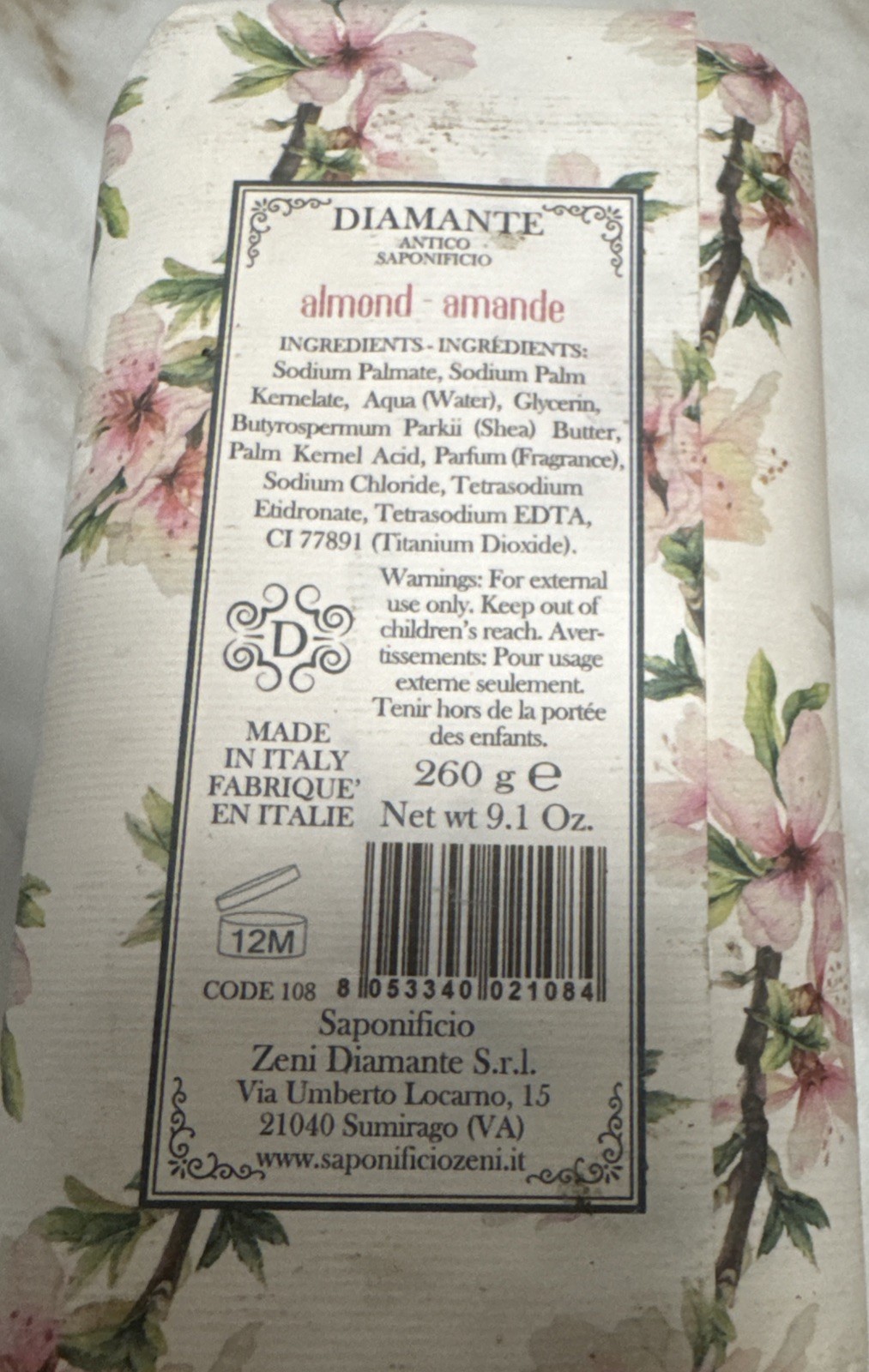 Diamanté Almond Scented Fine Triple Luxury Milled Soap 9 oz Made in Italy