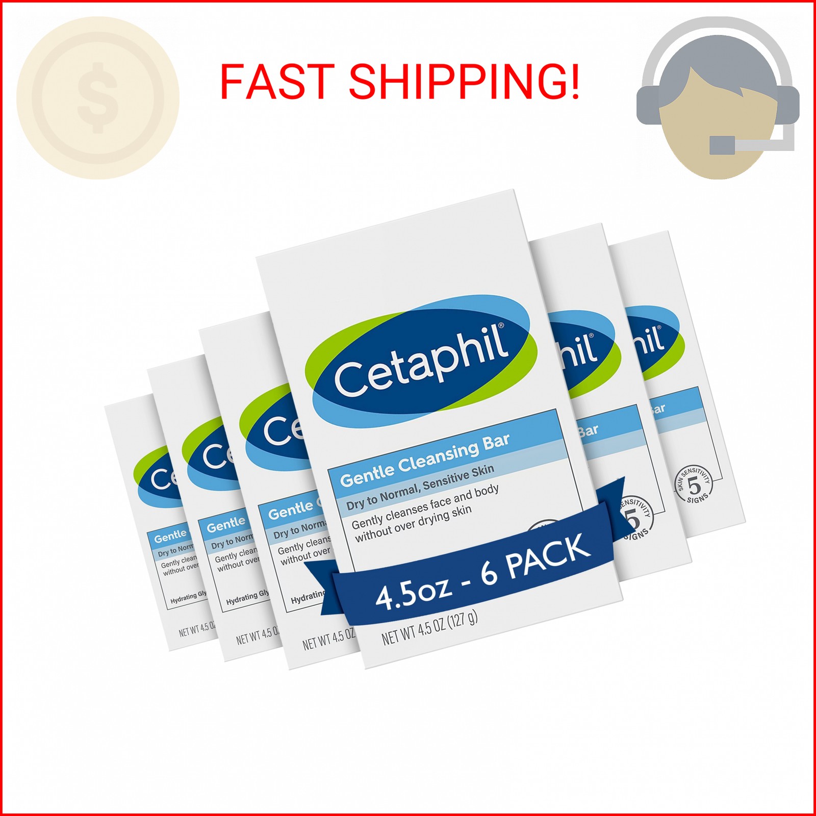 Cetaphil Gentle Cleansing Bar Soap, Sensitive & Dry Skin, 4.5oz, 6ct