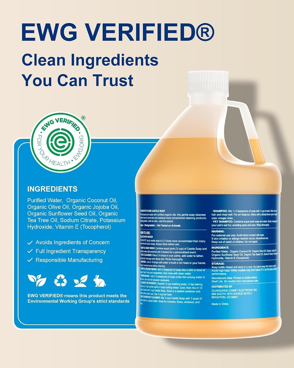 FLOWHYET Pure Castile Soap Liquid Unscented 1 Gallon 128 Fl Oz