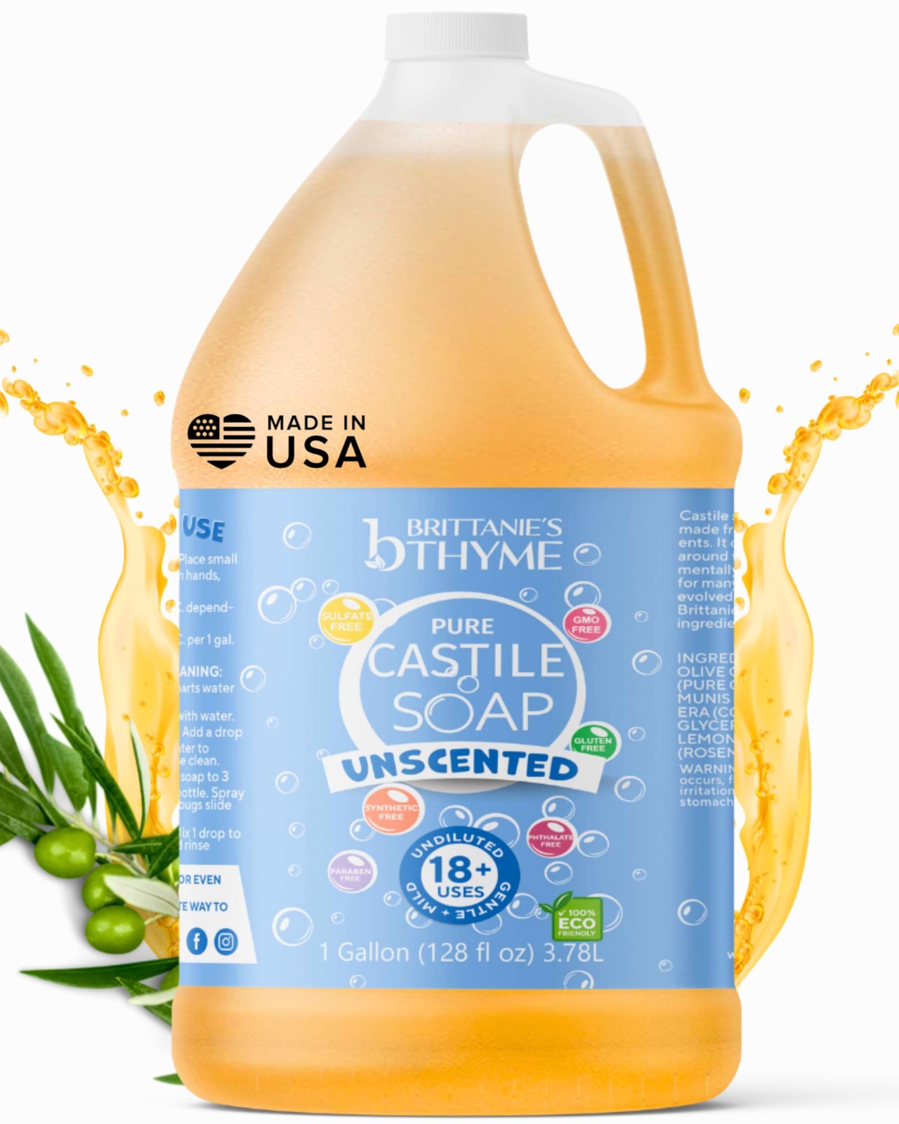 Castile Liquid Soap Olive Oil Unscented Vegan Biodegradable 1 Gallon Made in USA