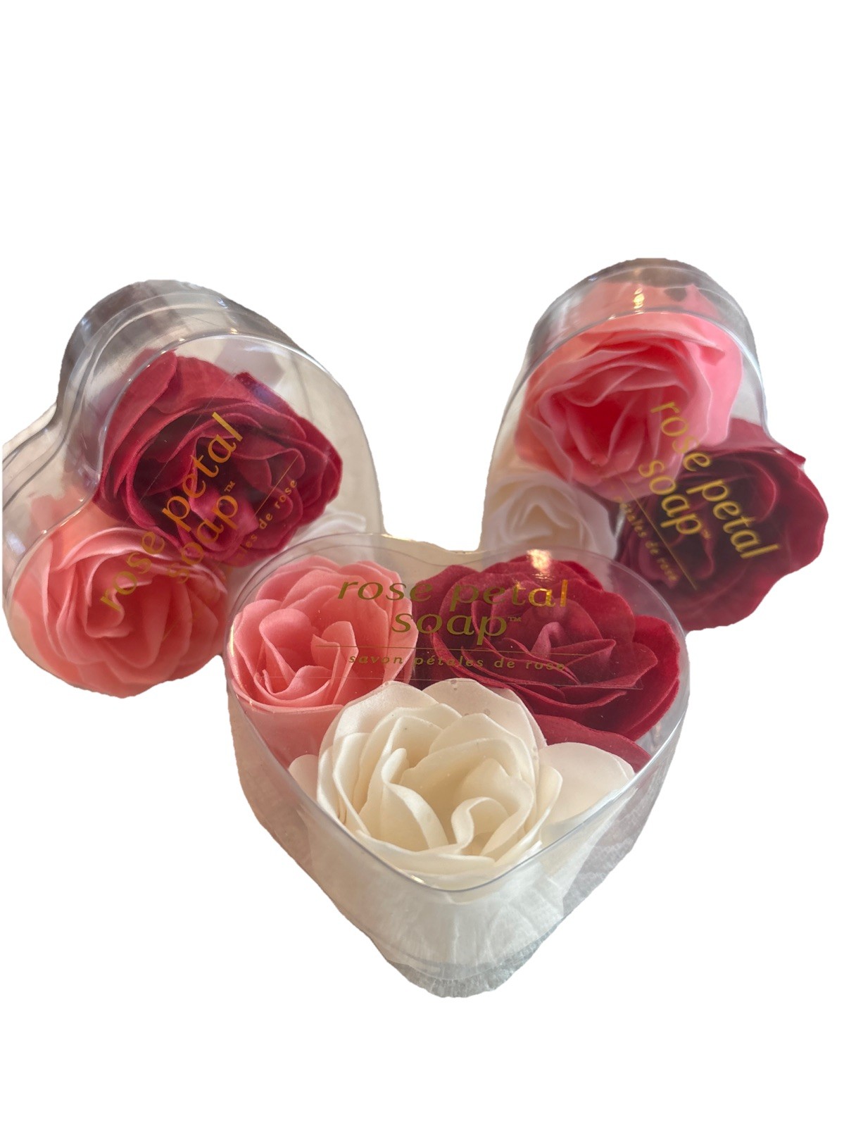 GiftCraft Rose Petal Soap. Red, Pink And White In A 3”Heart Shaped Box-3 boxes