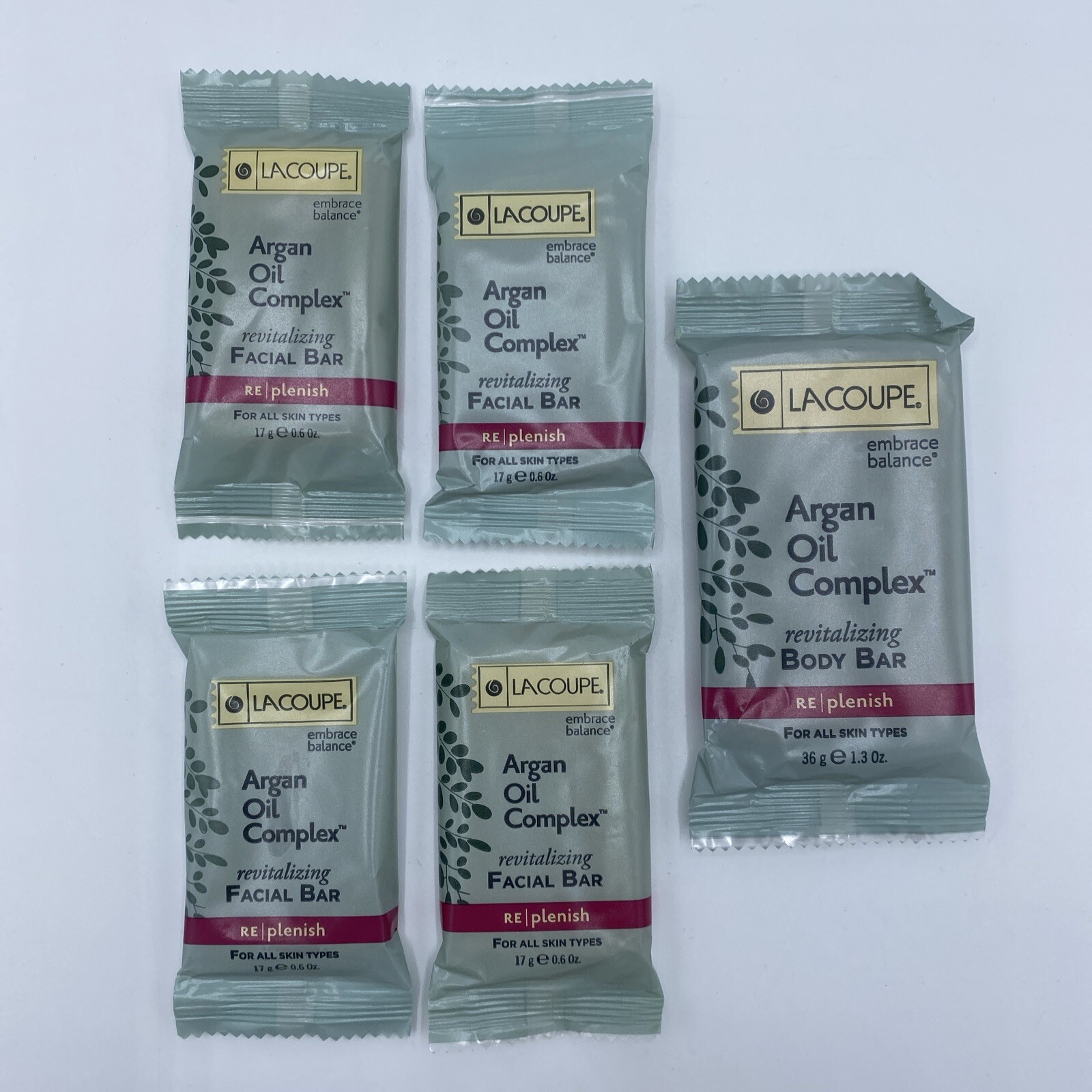LaCoupe Embrace Balance Argan Oil Complex Facial Bars (4) .6 oz & (1) 1.3 oz