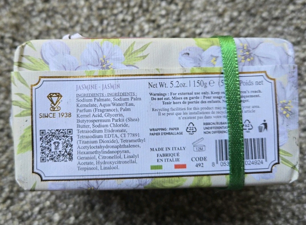 New Italian Luxury Vegetable Bar Soap Jasmine Scented Triple Milled 3 Bars