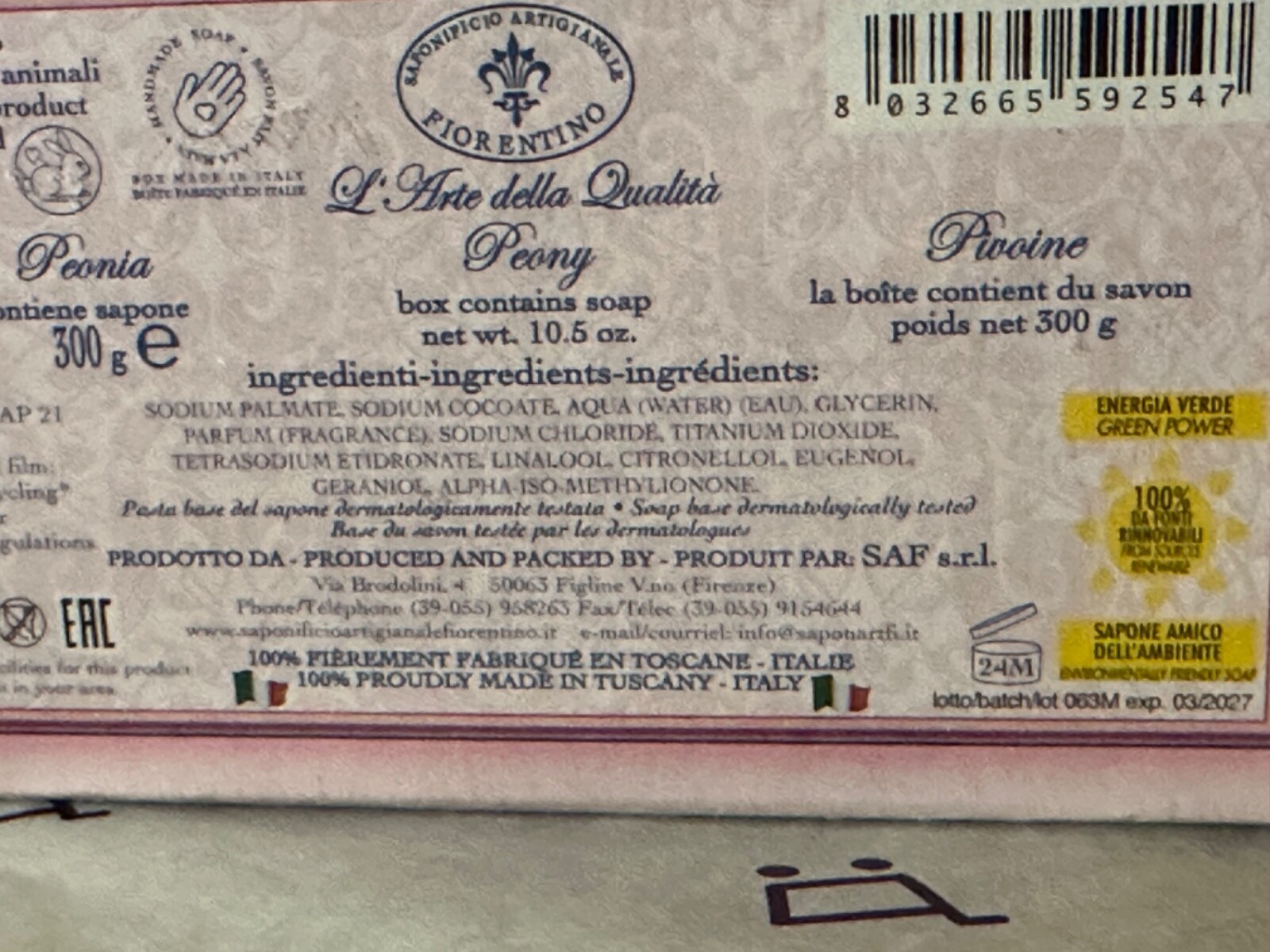 SAPONIFICIO ITALY PINK PEONY SCENTED 3-10.5oz HANDMADE FLORENTINE SOAPS