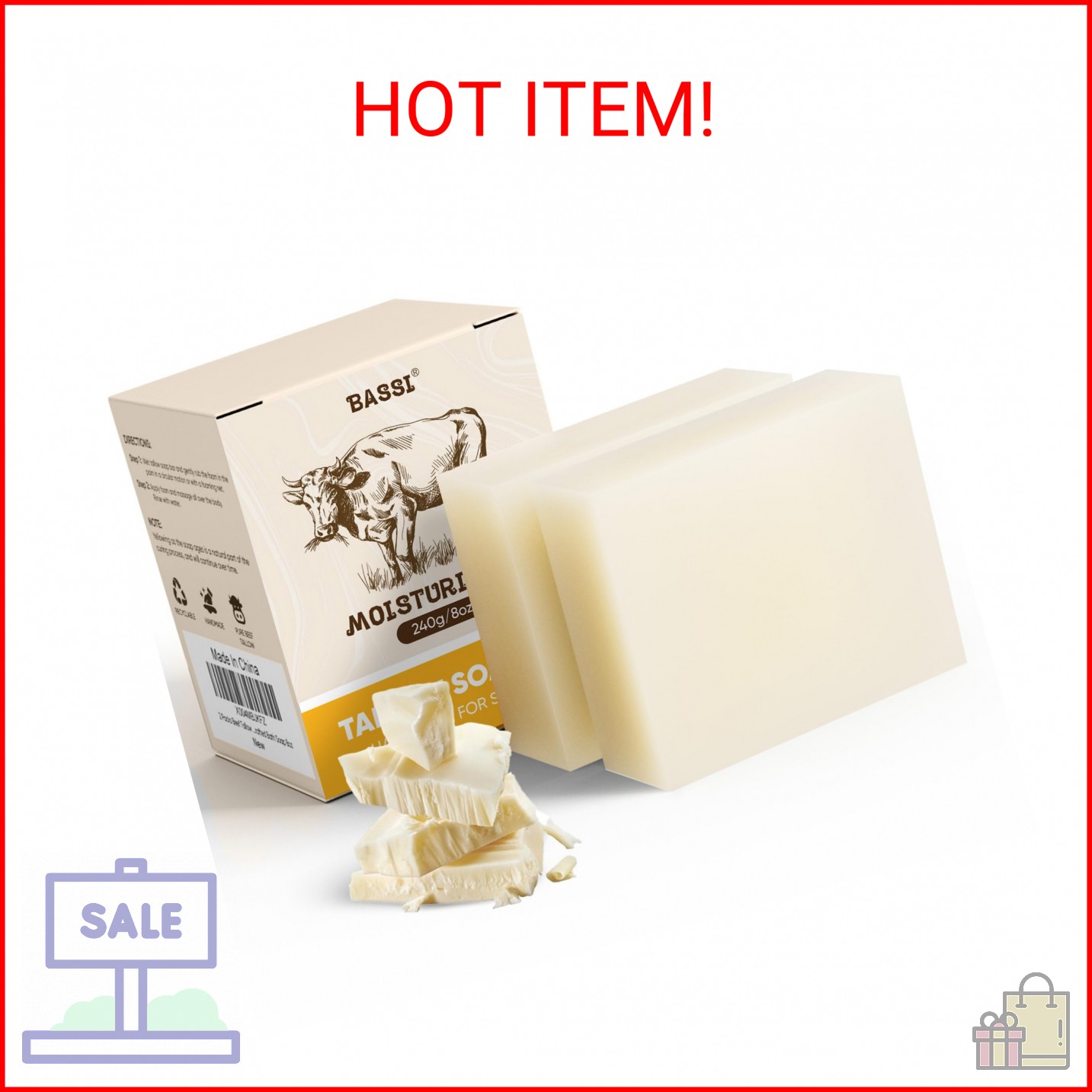 Beef Tallow Soap Bar, 2 Pack All Natural Grass Fed Tallow Soap, Moisturizing Fac