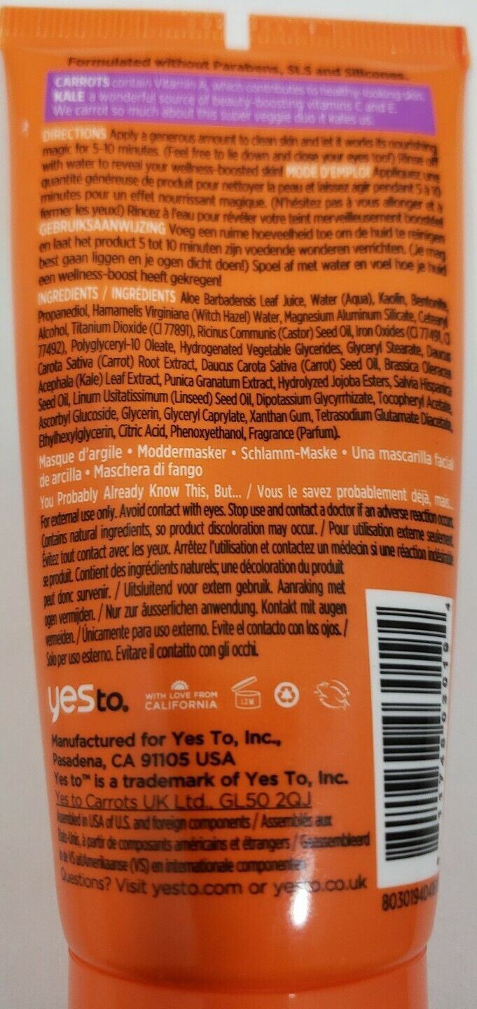 YES TO Carrots/ Kale Mud mask K /FOR DEPLETED SKIN / 2 fl. oz. ~Lot of 4~