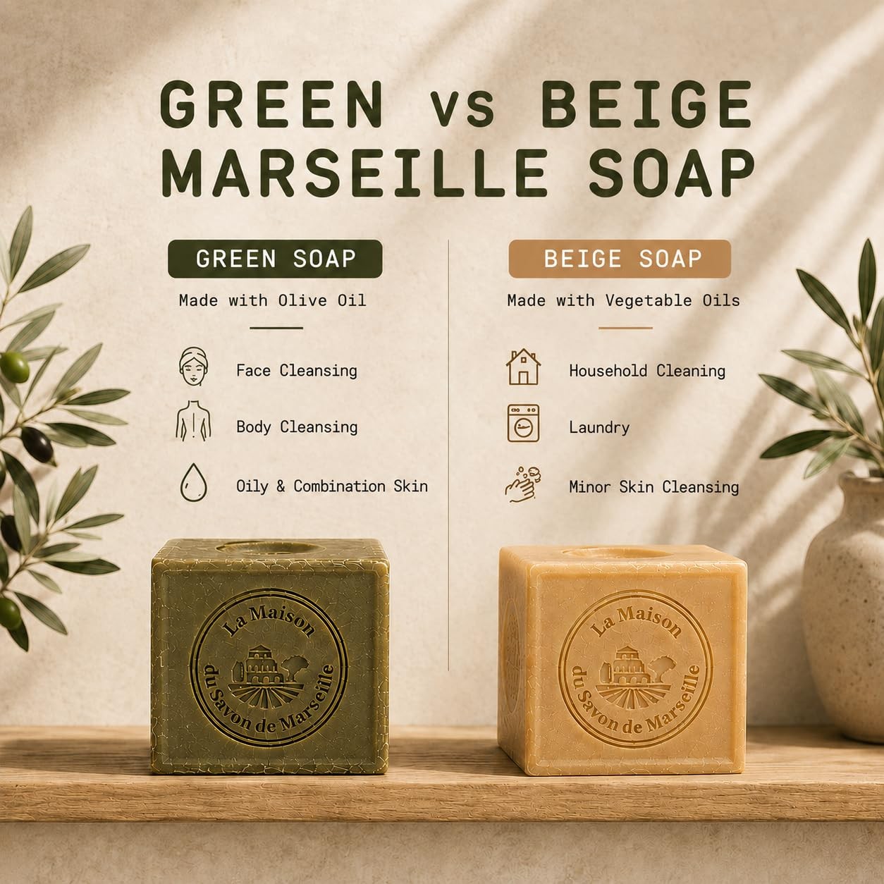 La Maison du Savon Olive Oil Soap Bar, Savon de Marseille Soap, 3 x 3.5 oz