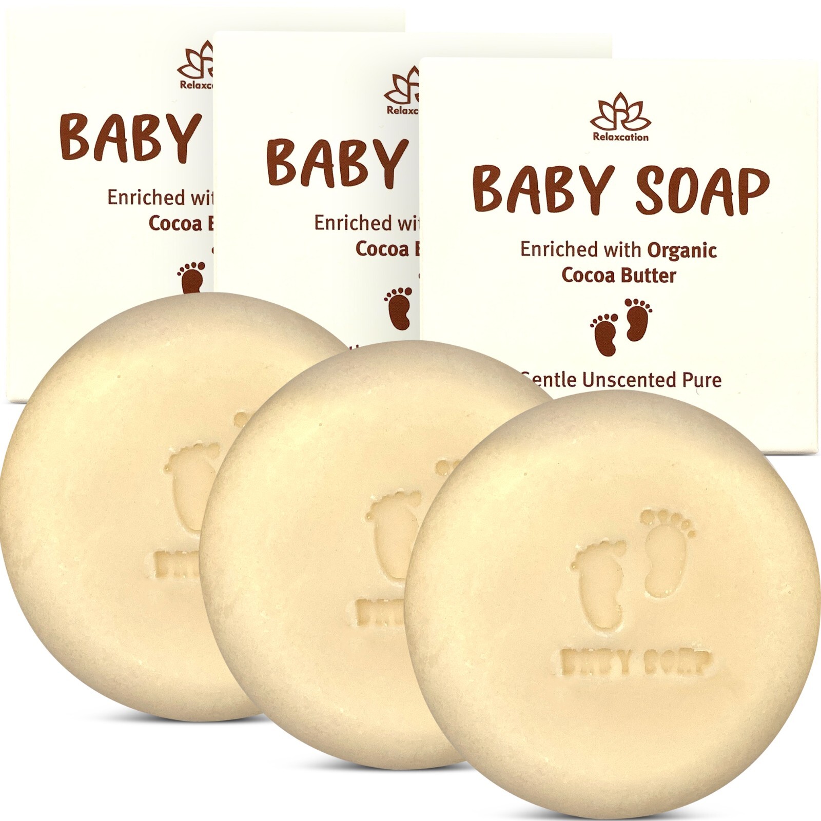 Relaxcation Unscented Baby Soap Bar with Cocoa Butter-Handmade in USA-Pack of 3