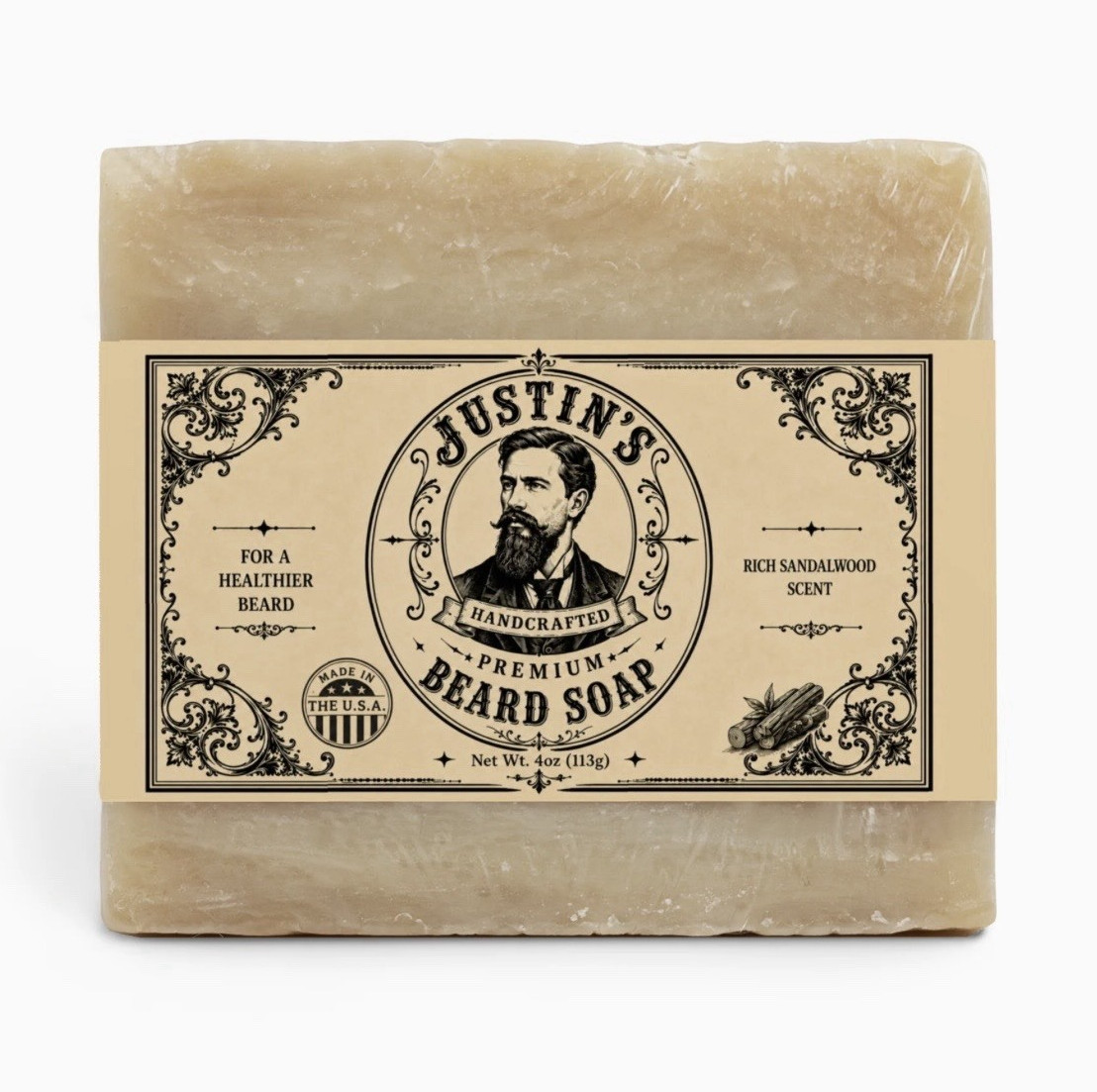 Justin’s Beard Soap Bar Handcrafted Premium Quality, Rich Sandalwood Scent, 4 oz