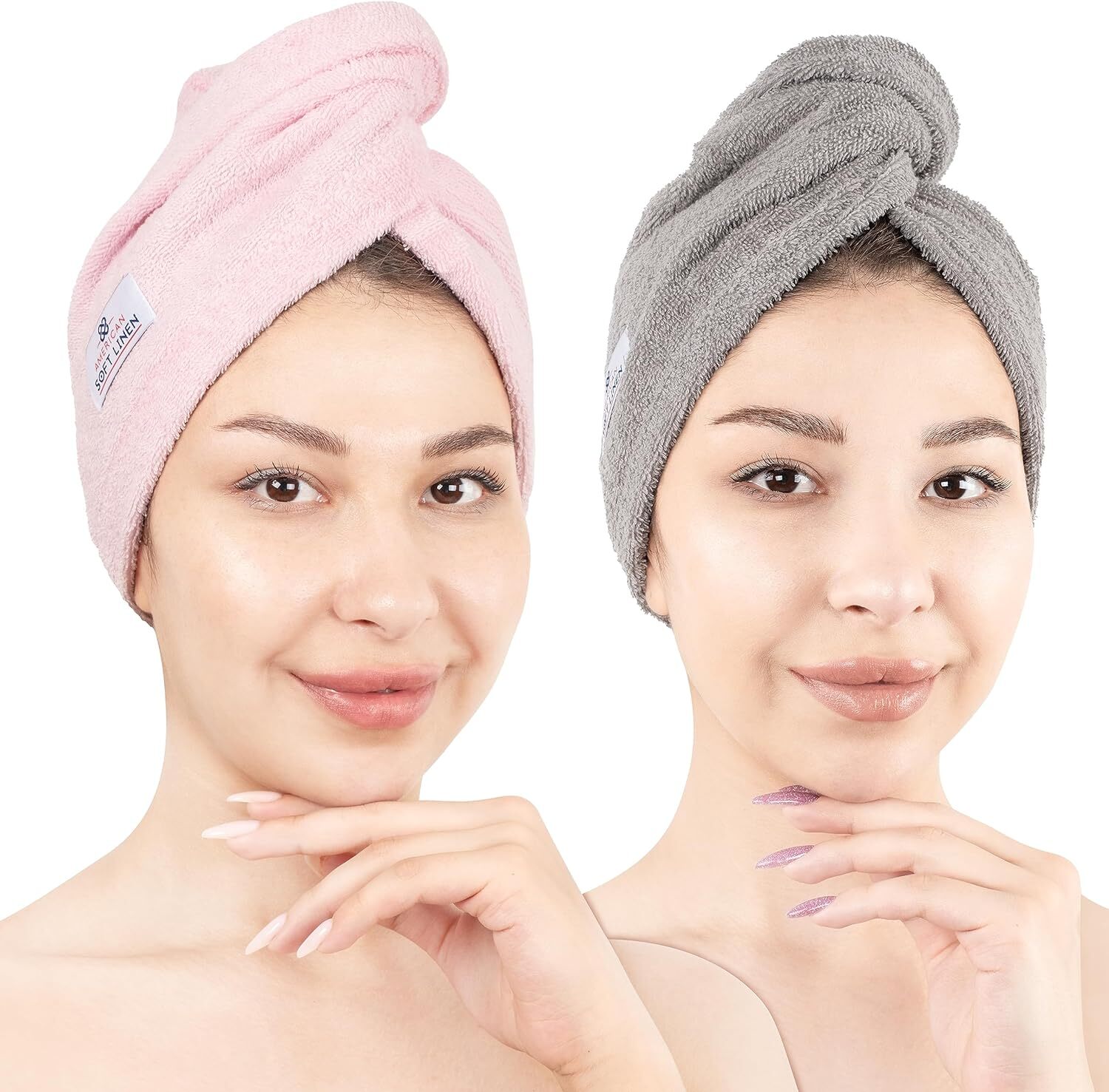 American Soft Linen 100% Cotton Hair Towels for Women, Head Pink – Light Grey