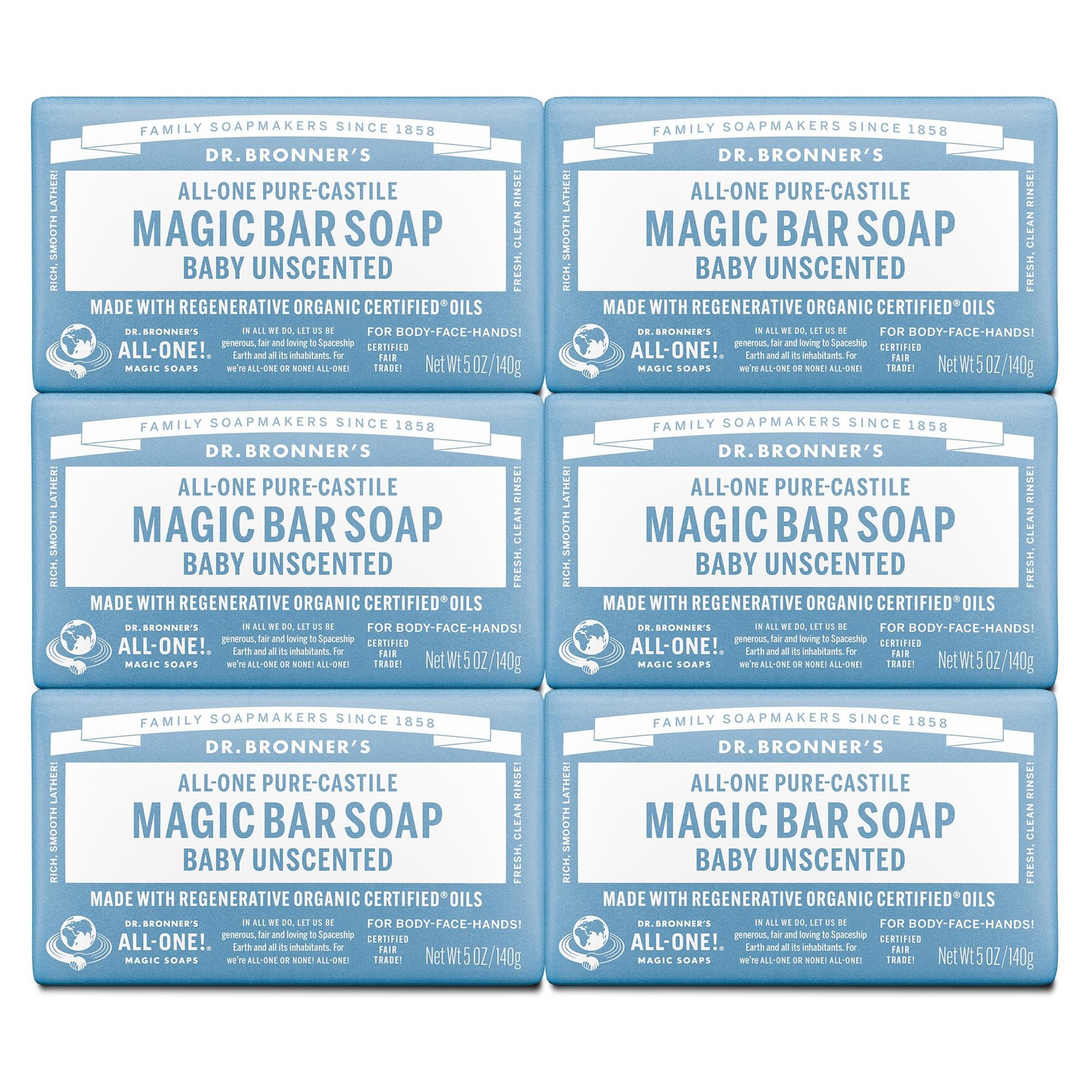 Dr Bronner’s Pure Castile Bar Soap Pack of 6 Natural Vegan Skin Cleanser 5oz
