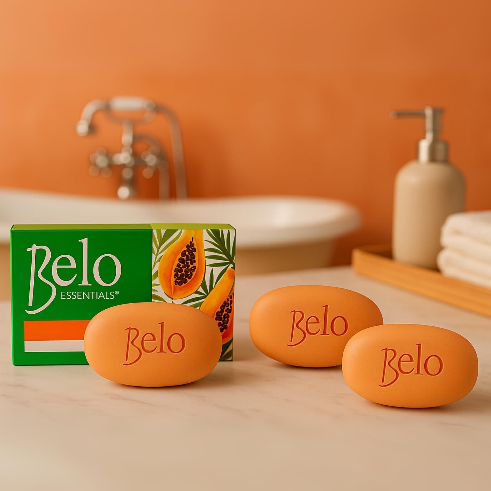 Belo Essentials Papaya Brightening + Clearing Soap Papaya Enzymes, 65g x 9 Bars