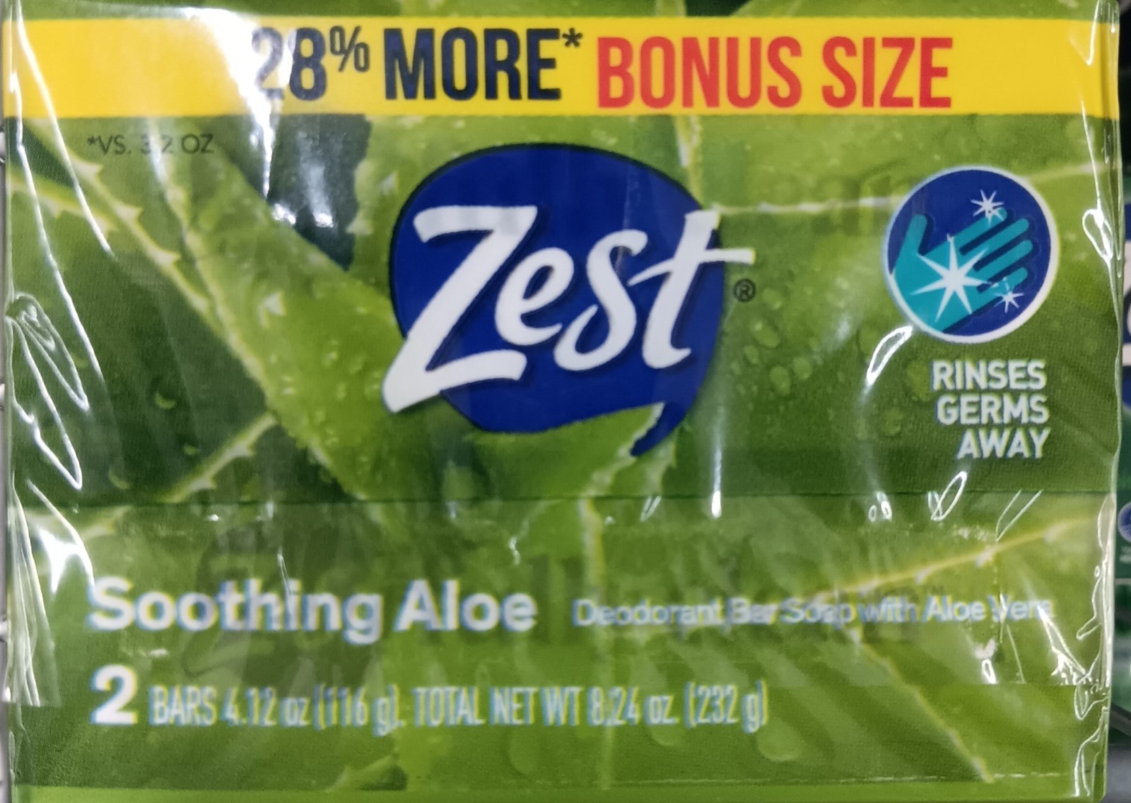 Zest Soothing Aloe Vera Deodorant Bar Soap, 2 Bars, 4.12 oz Each