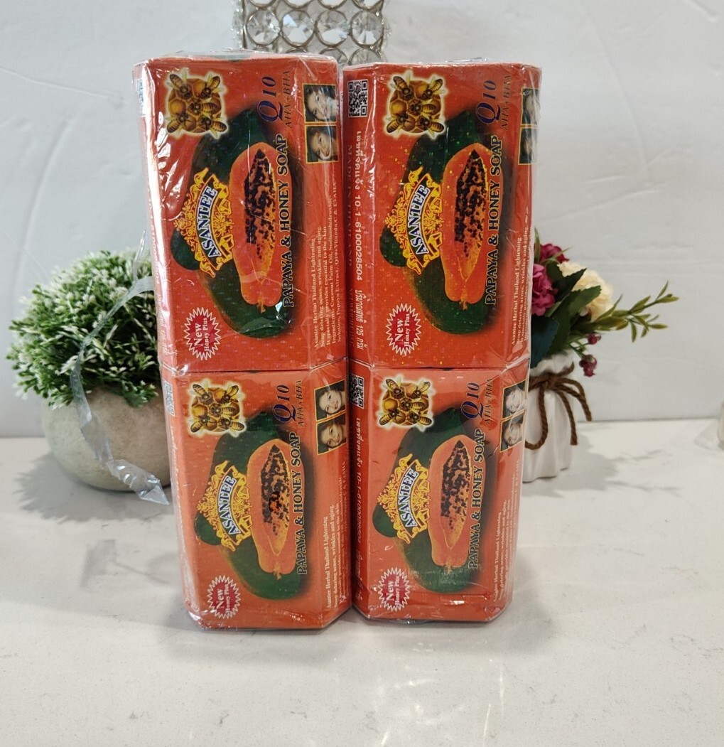 4 Asantee Thai Herbal Papaya Honey Soap with Q10, AHA, BHA Skin Whitenin 125g