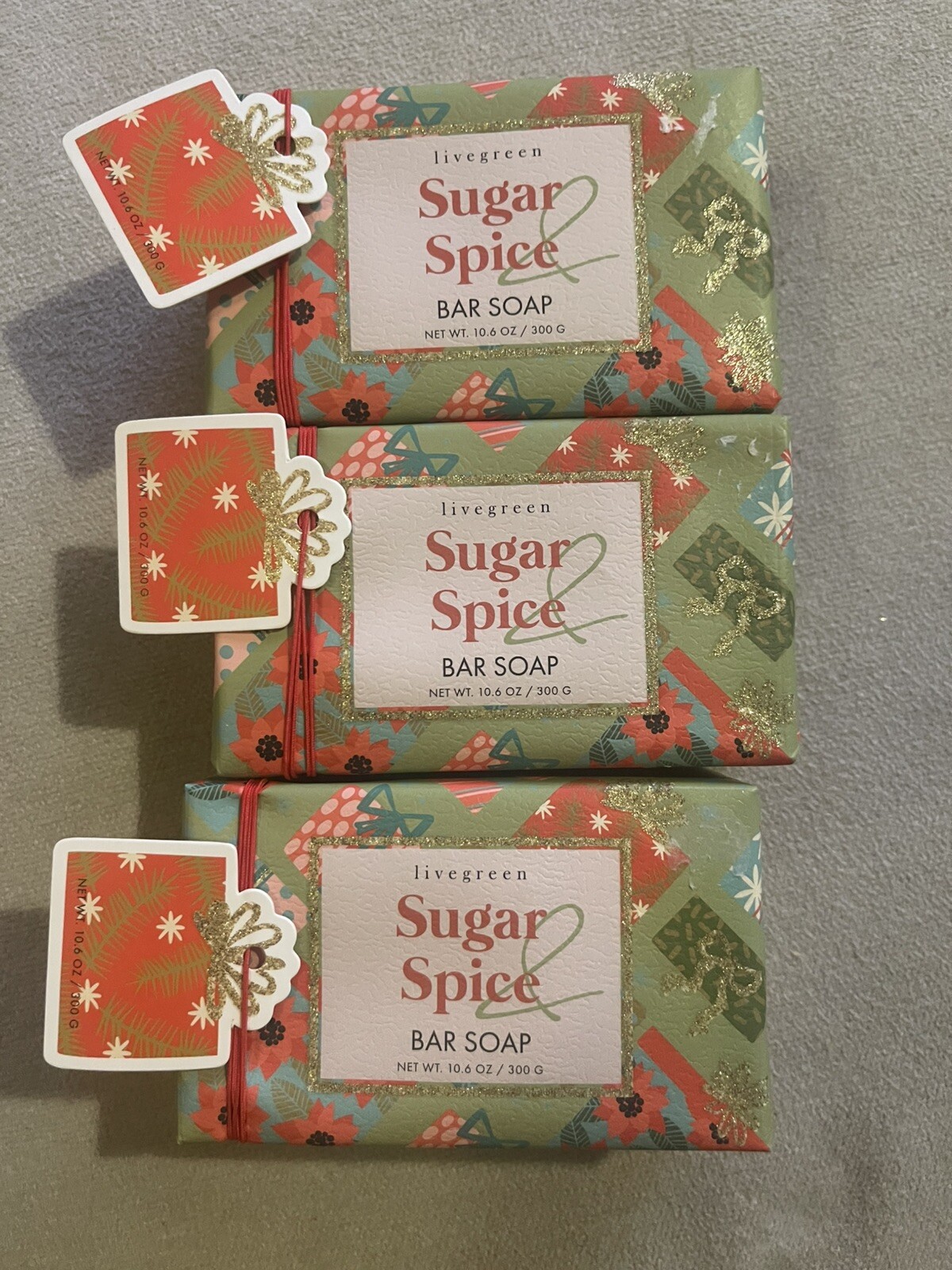 Livegreen Sugar & Spice Lot Of 3 10.6 Oz Bar Soap Not Bath And Body Works.
