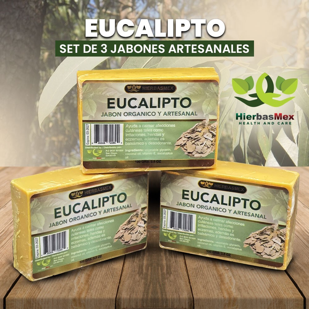 Jabon de Eucalipto Artesanal Set 3 Jabones 100g. Eucalyptus Soap Bar HierbasMex