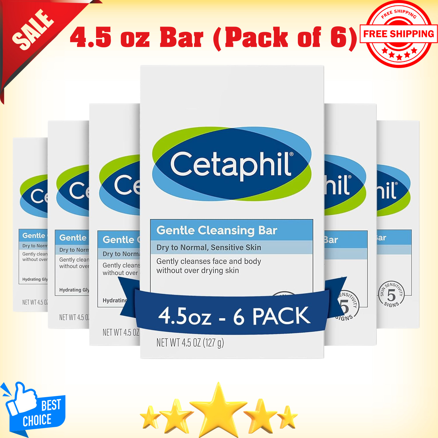 CETAPHIL Gentle Cleansing Bar Soap Nourishing Dry Sensitive Skin 4.5oz, 6-Pack